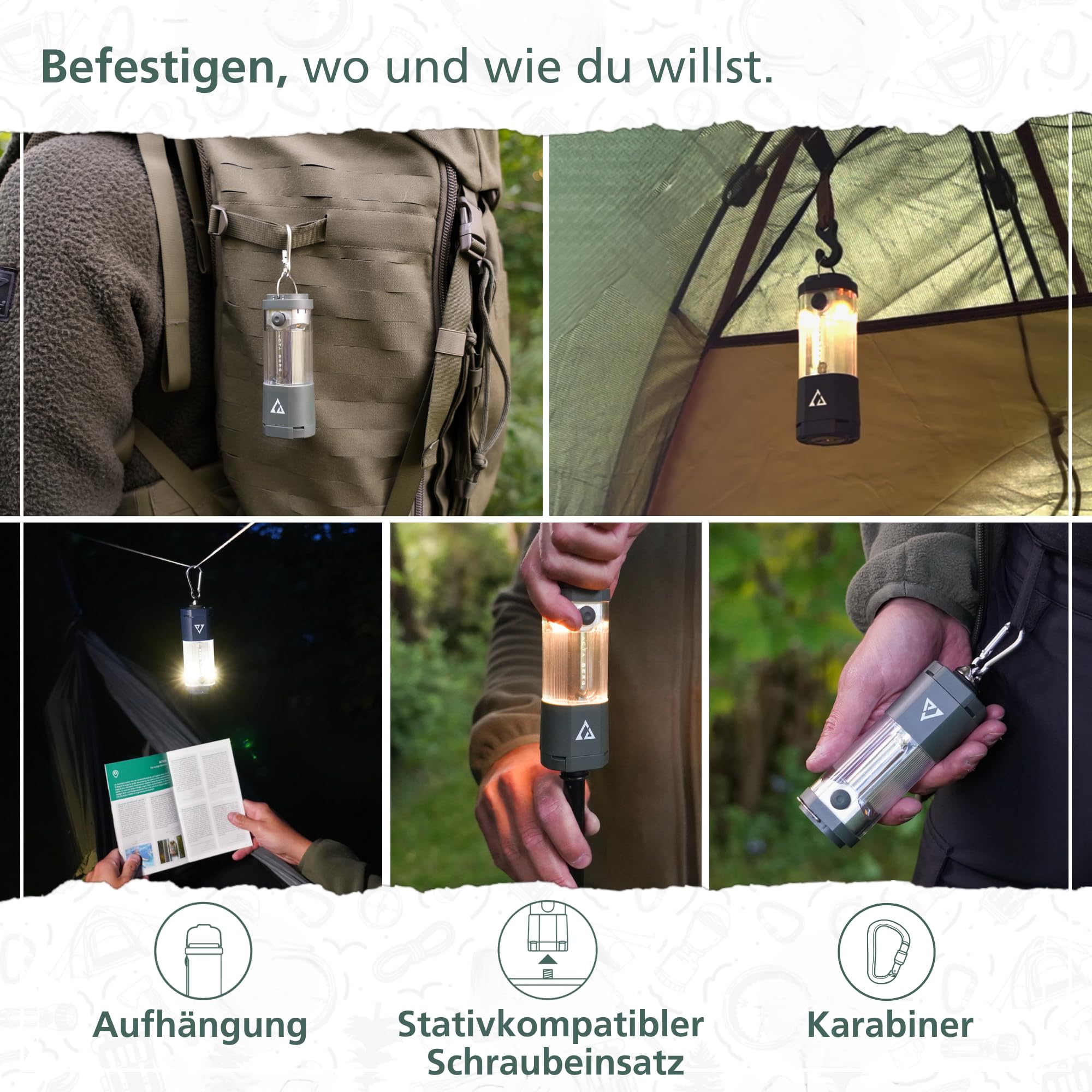 Acta Berg Campinglampe LED 450 Lumen, mit 4000 mAh Akku (Olivegrau) | Bis 150h Laufzeit, IP44 wasserfest, Zeltlampe, Laterne & Taschenlampe, USB-C, als Powerbank nutzbar