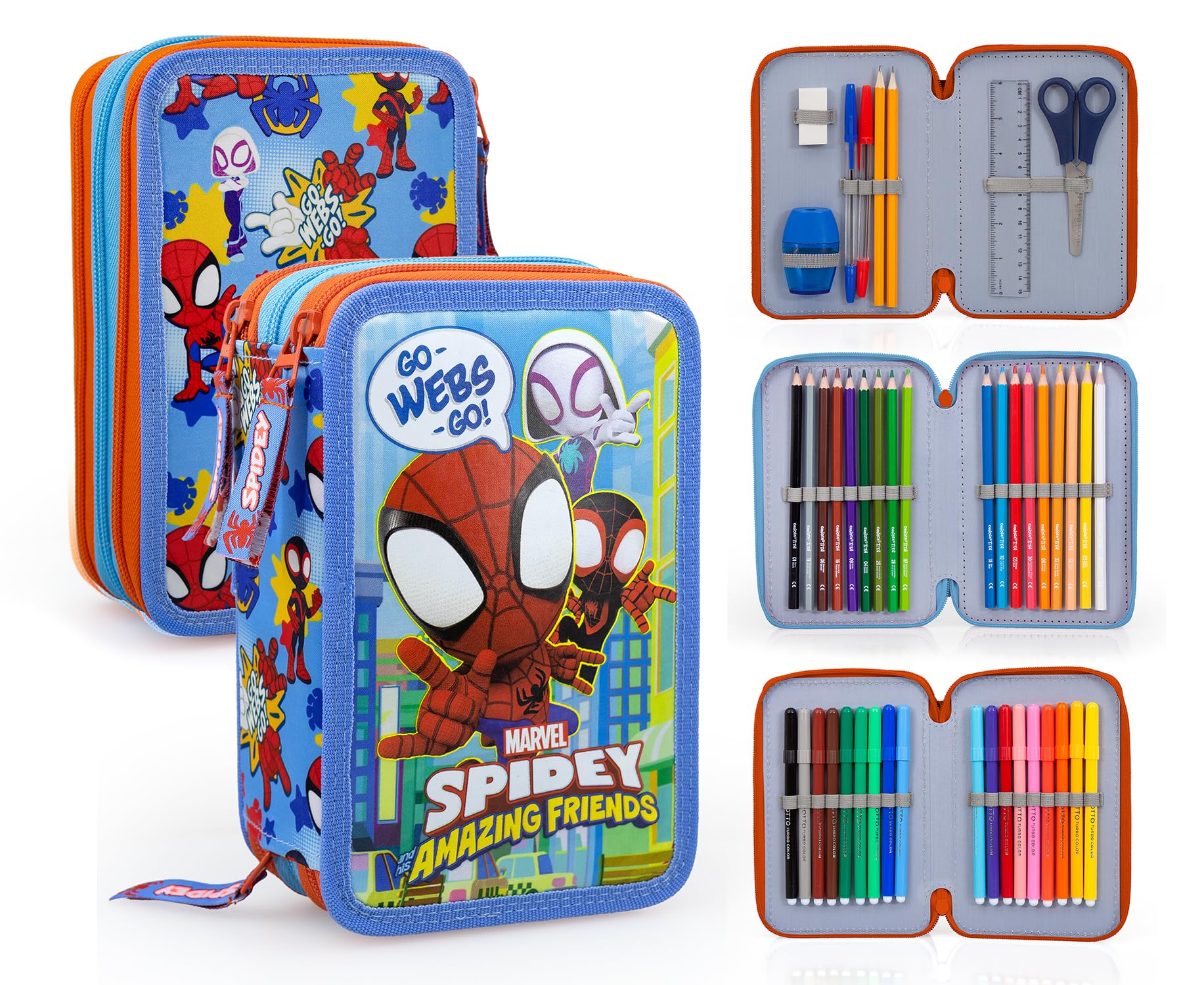 L'ERBAVOGLIO SPIDEY ASTUCCIO SCUOLA 3 ZIP ORIGINALE SPIDERMAN 44 PEZZI AZZURRO ROSSO