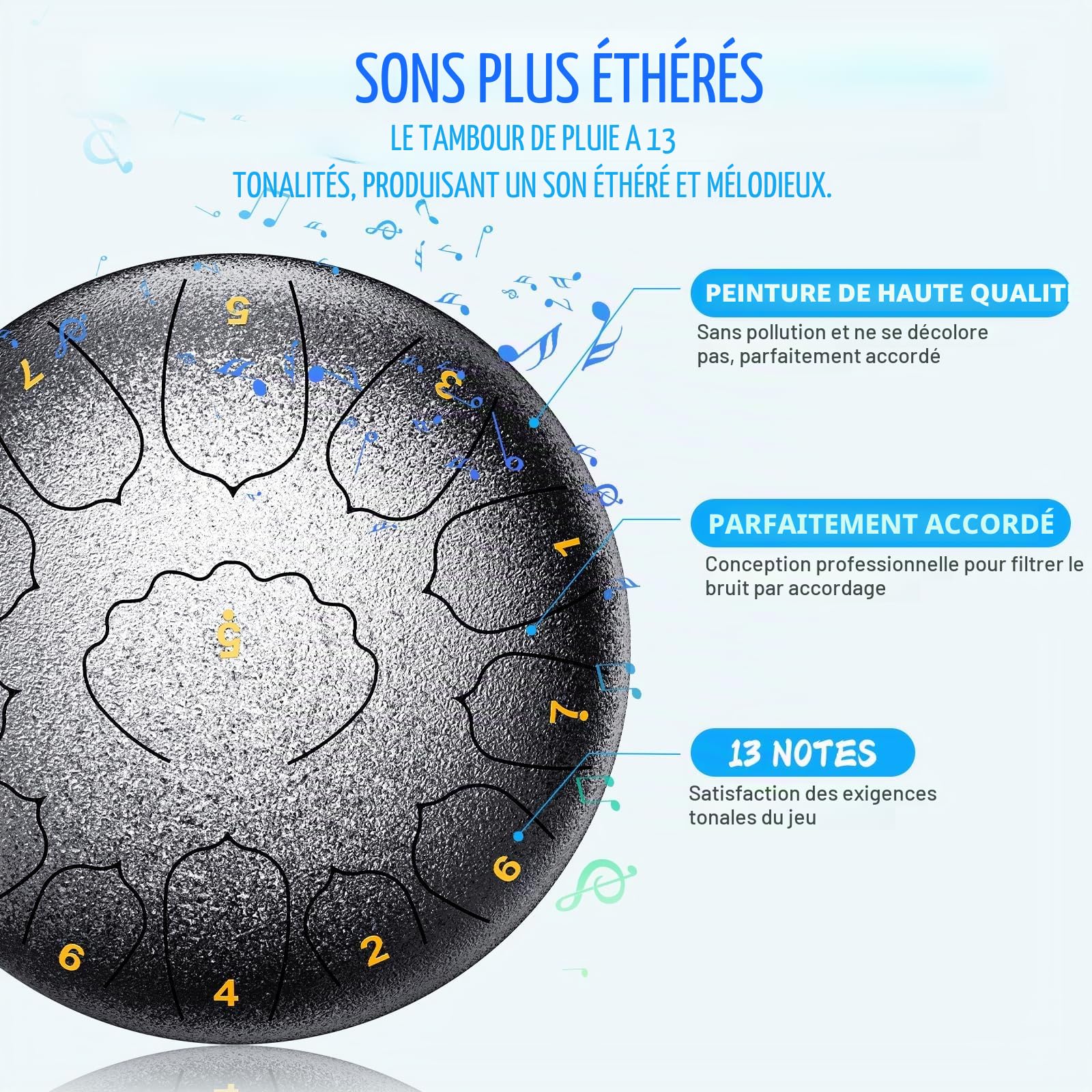 Tambour de pluie pour extérieur, 30,4 cm, 13 totes en acier, Handpan, Steel tongue drum en acier professionnel, adapté à la méditation et au yoga (Argent, 12 Inch)