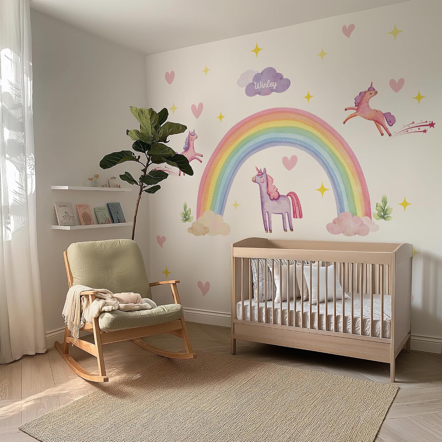 Magical Unicorn Rainbow Wall Decals, Large Pastel Watercolor Design with Hearts and Stars, Personalized Kids Room Nursery Decor Set, 4-Piece Removable Stickers (Medium)