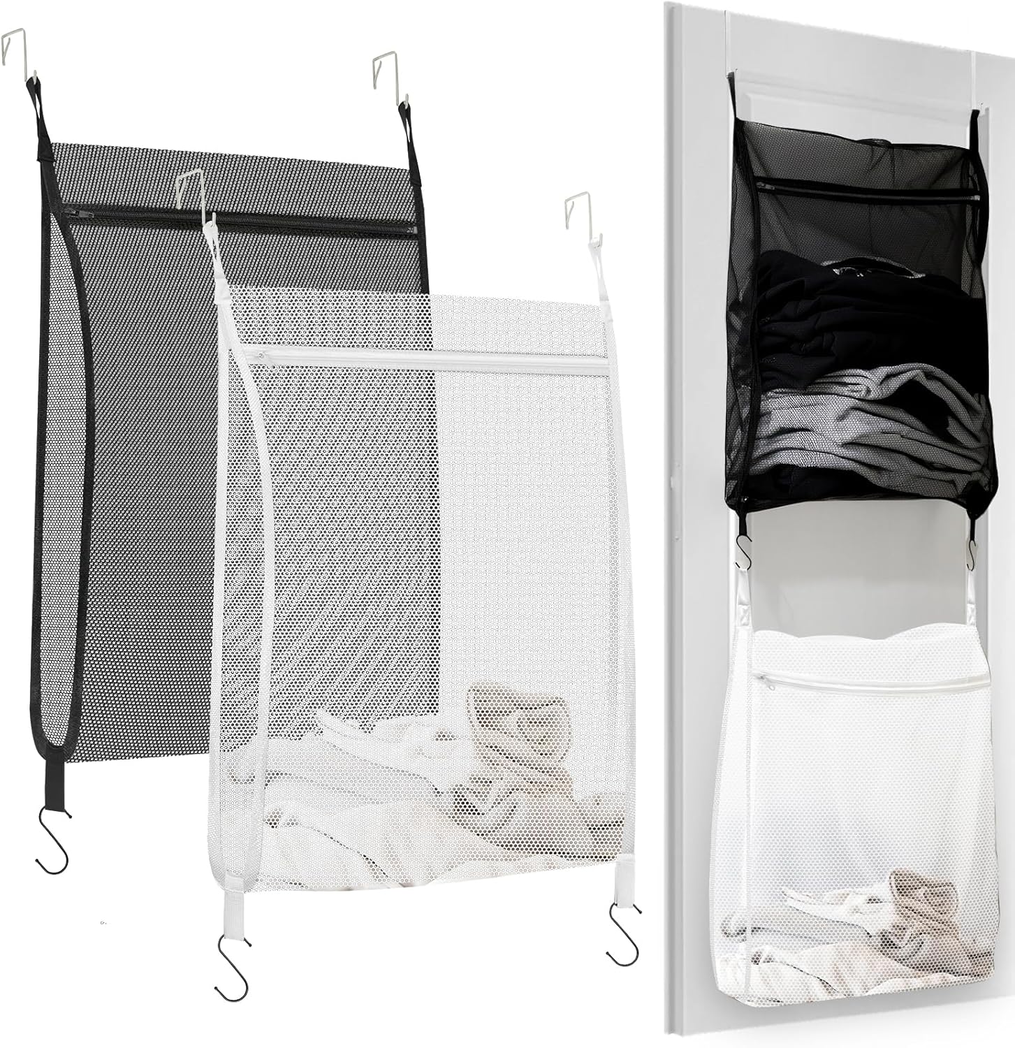 XL laundry hamper 2 washable hanging bags foldable mesh