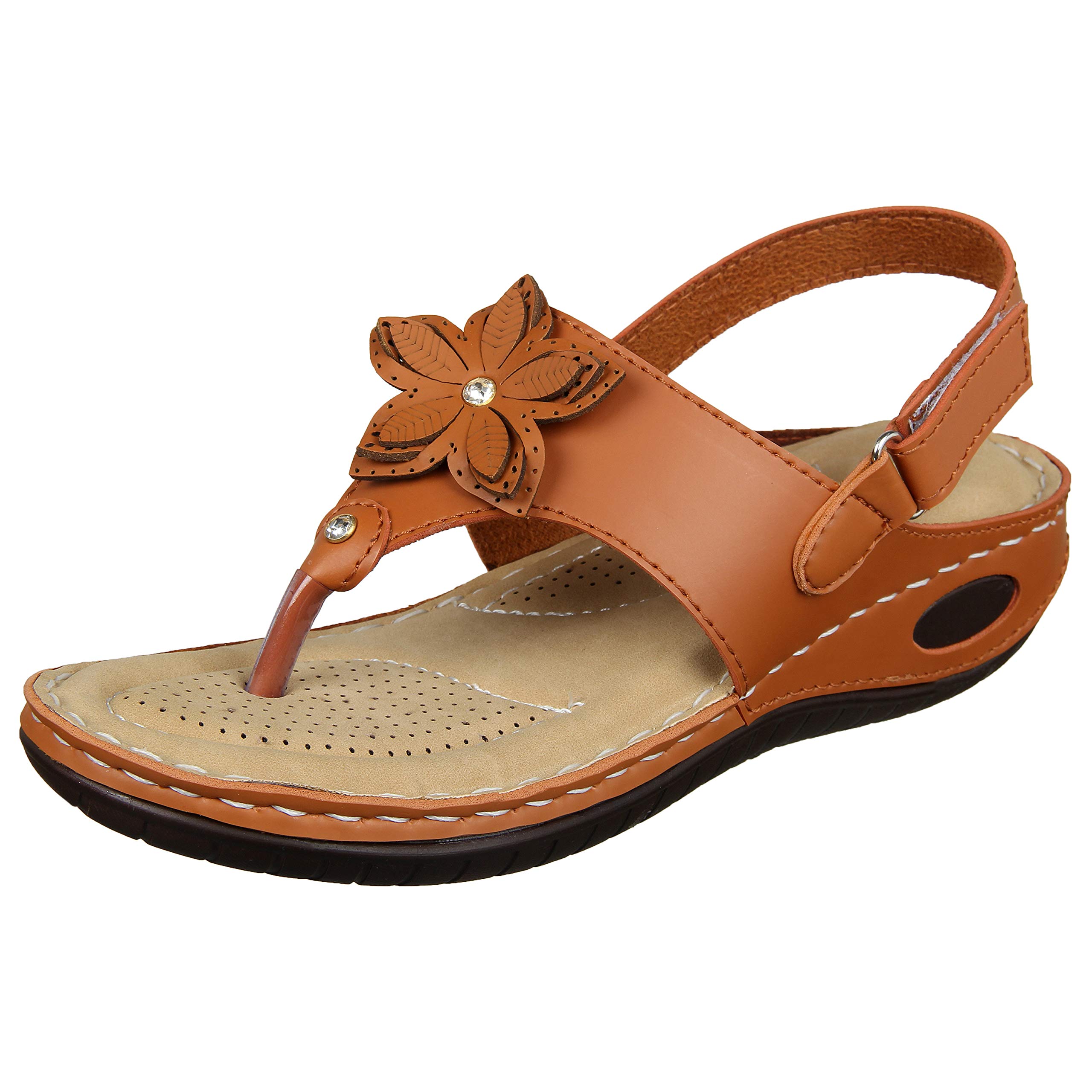 Doctor Sole Comfortable Tan Flats Sandals For Women (Cream/Tan)-image-8