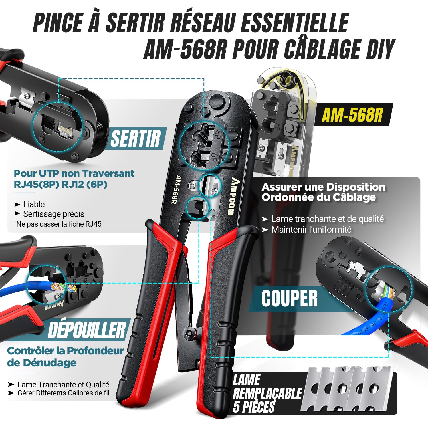AMPCOM Kit d'outils de sertissage Ethernet 7 en 1 RJ45/RJ11 Kit d'outils réseau pour connecteurs RJ45 Cat6/Cat5e/Cat5 avec outil de poinçonnage 110, dénudeur de fil dans un sac étanche portable