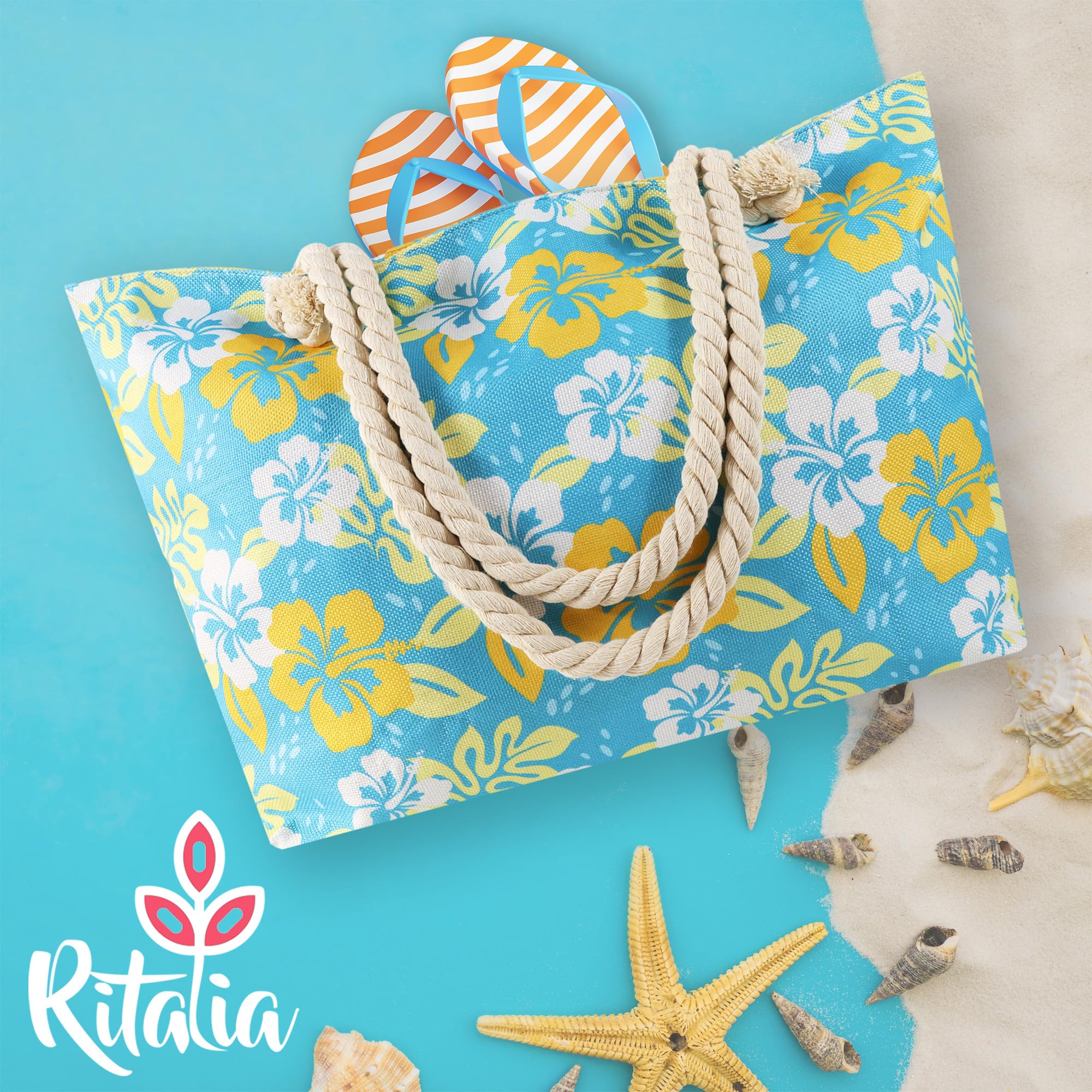 Ritalia® Duża torba plażowa XXL dla rodzin | Damskie torby plażowe i torba na basen | Wodoodporna torba plażowa z zamkiem błyskawicznym | Damski kosz plażowy | Rodzinny worek plażowy
