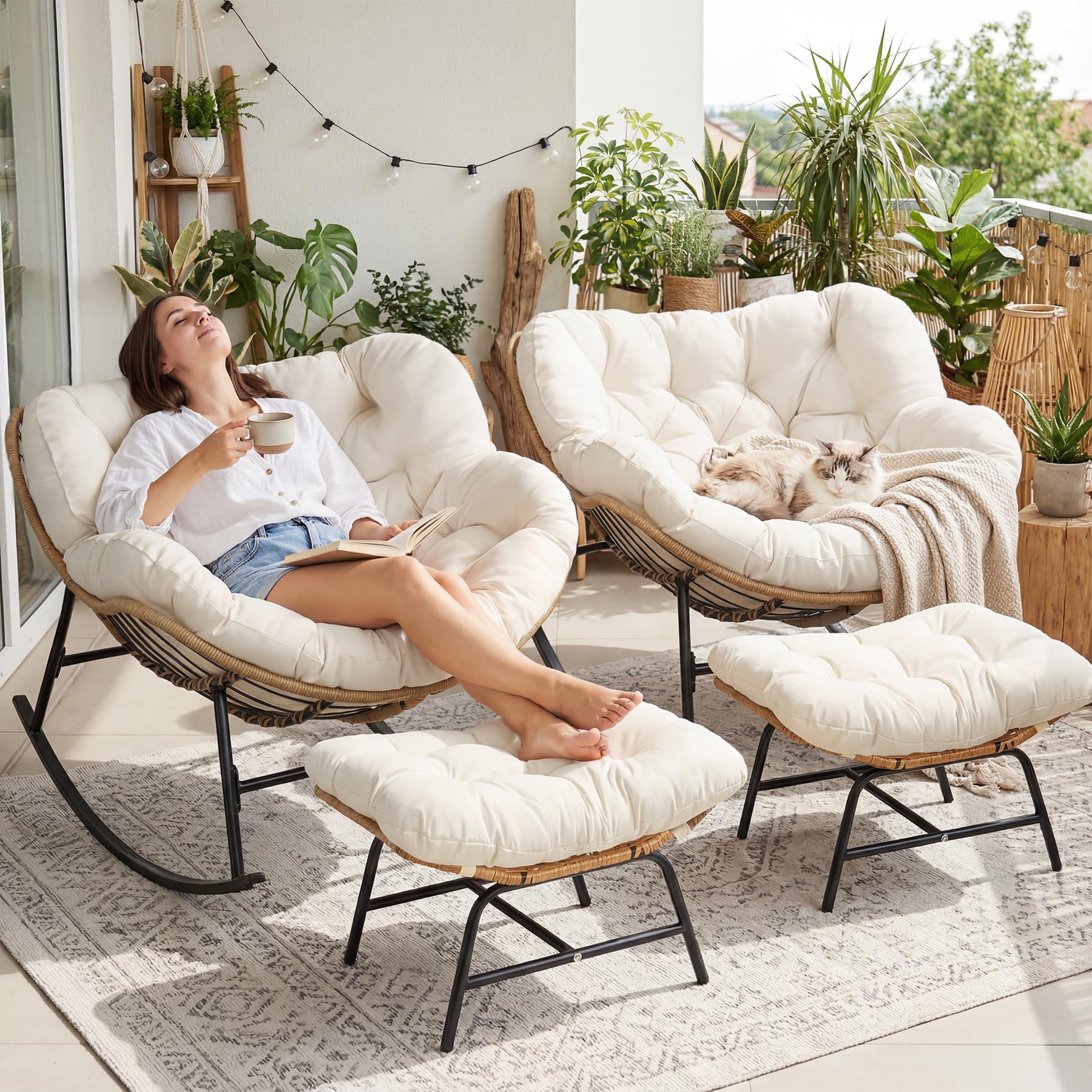 NICESOUL Patio Papasan Rocking Chair Set of 2 with Cushion, Indoor Outdoor Oversized Padded Royal Recliner Rockers with Ottoman, 450Lbs Large Glider