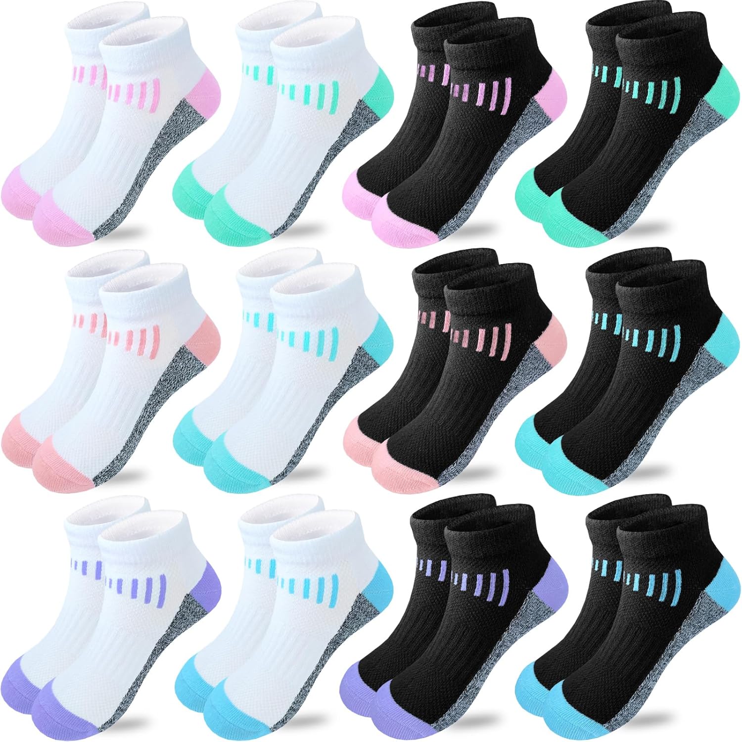 Bemeol Girl Socks 12 Pairs Ankle Socks Girl Running Athletic Sock Low Cut Cotton Casual Sock for Kids