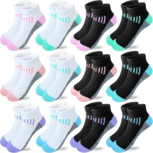 Bemeol Girl Socks 12 Pairs Ankle Socks Girl Running Athletic Sock Low Cut Cotton Casual Sock for Kids - White 6 Pairs + Black 6 Pairs - 7-10 Years