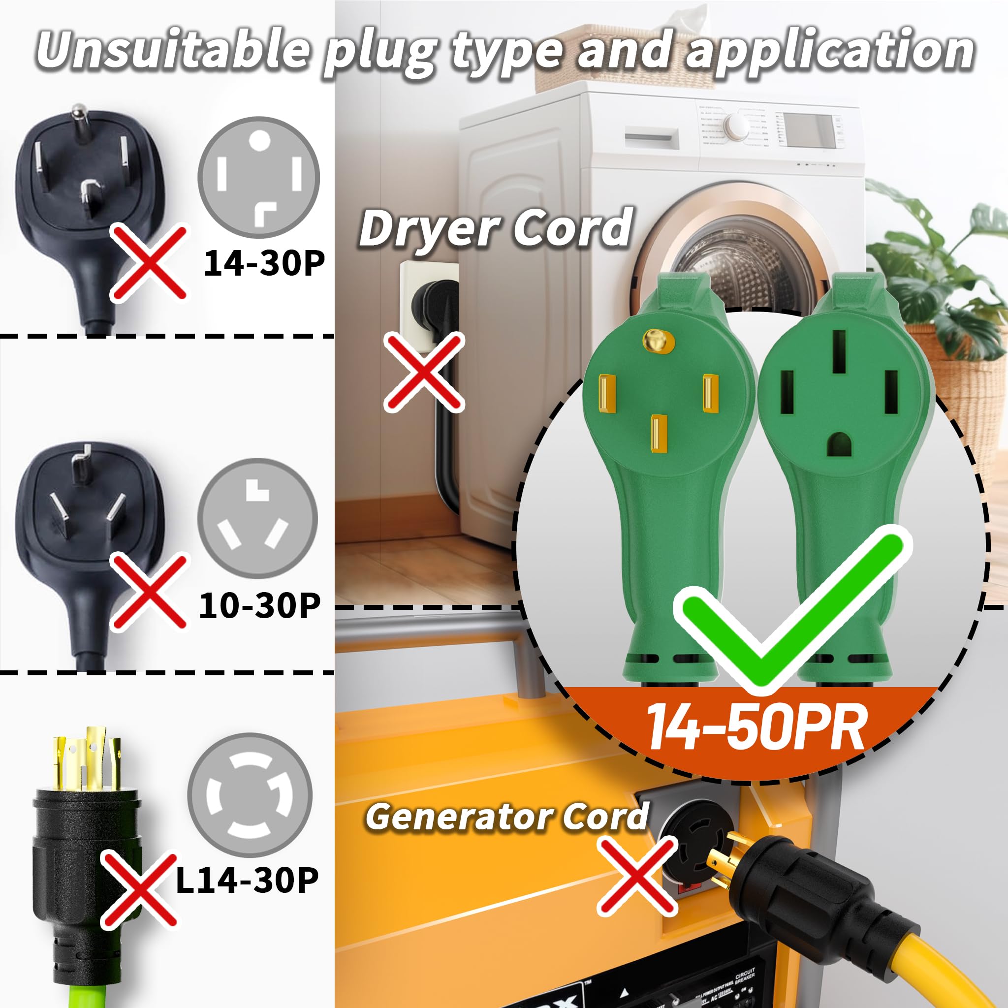 PlugSaf Cable de extensión RV/EV de 25 pies y 50 amperios para exteriores, 4 clavijas, flexible, resistente, calibre 6/3+8/1, STW RV impermeable, con organizador de cables, NEMA 14-50P a 14-50R,