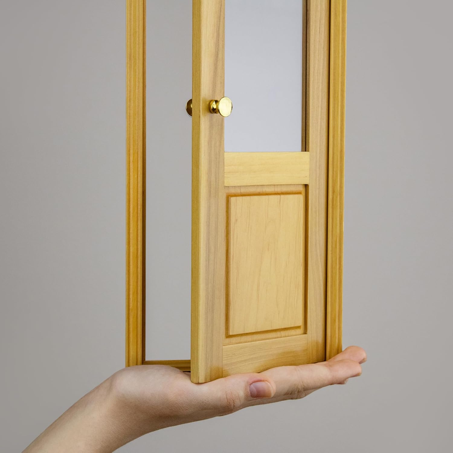1/6 Scale Wooden Dollhouse 2 Panel Door with Glass – 2-Panel Design with Handles – Classic Design with Glass – Easy Installation– Multiple Colors Available (Clear Varnished)