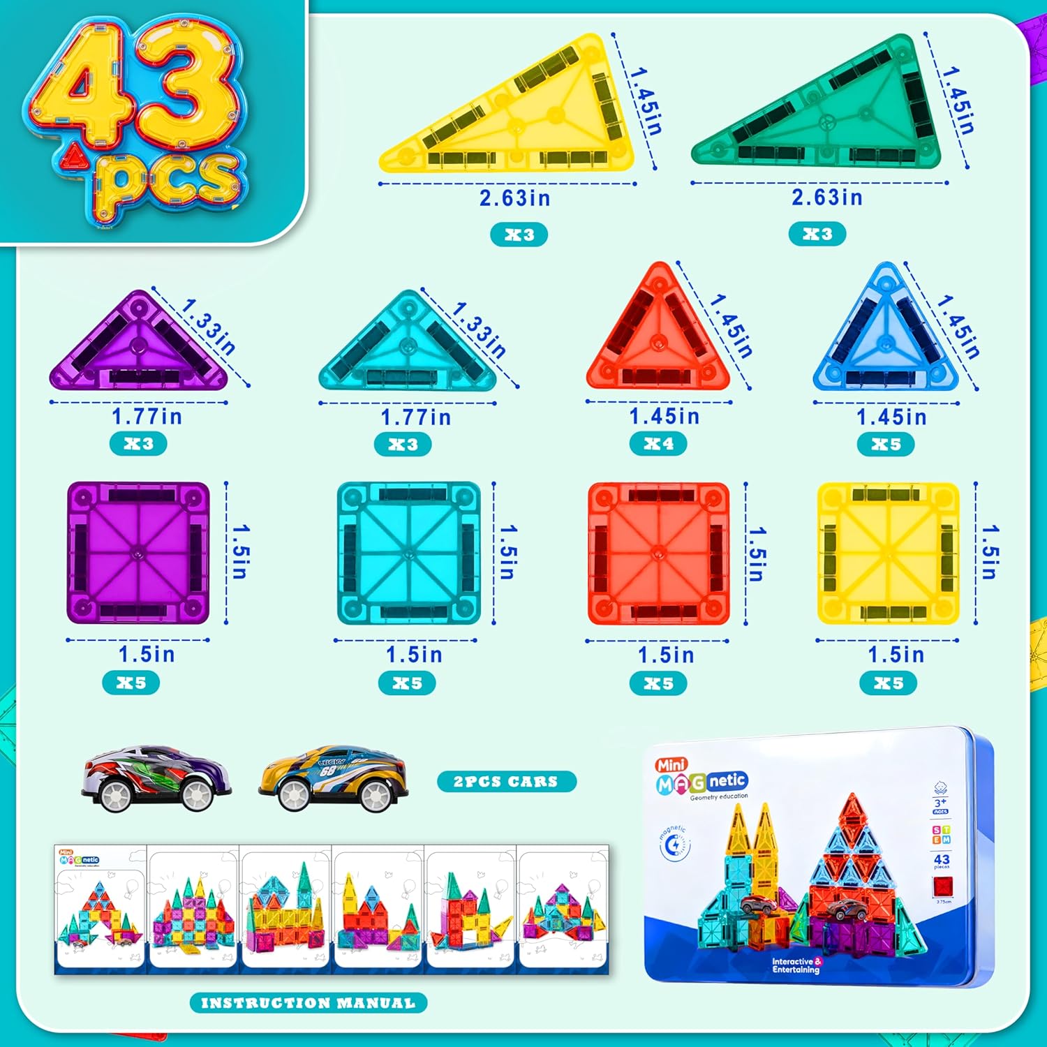 Magnetic Tiles for Kids Mini Magnet Tiles Building 43PCS Toddlers Magnetiles Travel Toys with Case & 2 Cars Basic STEM Magnets Construction Tile Toy Set Ages 3-8 Boys Girls