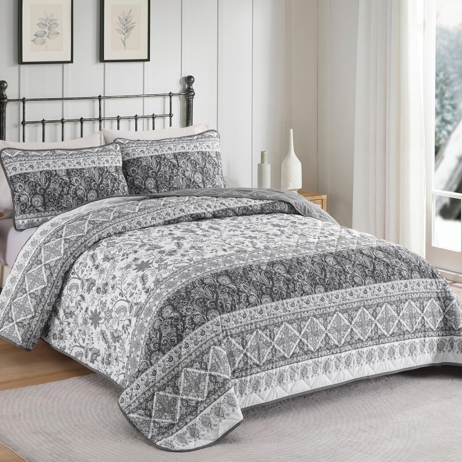 Yiran Grey Floral Quilt Set Queen,Boho Striped Patchwork