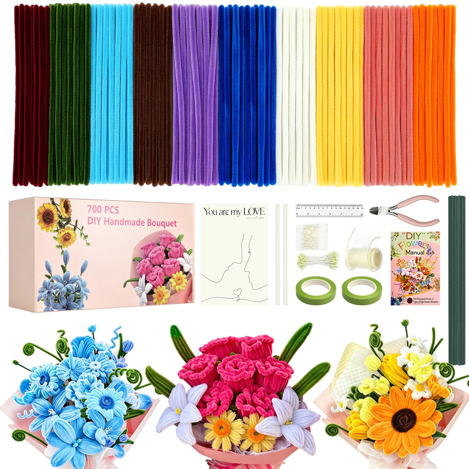 Scovolini Colorati per Lavoretti, 700 Pezzi Scovolini Colorati per Lavoretti 10 Colori Pipe Cleaner,Scatola Regalo di Bouquet di Arte,Lavoretti Decorativi Arte Artigianato Festa
