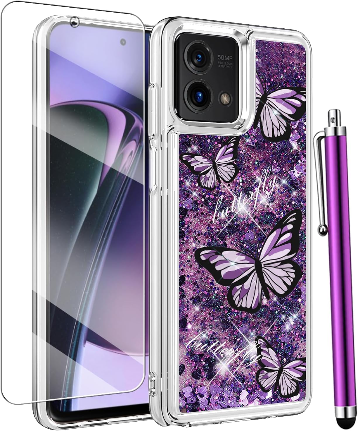 for Moto G Power 5G 2023 Case with Tempered Glass Screen Protector, Women  Girls Glitter Bling Liquid Floating