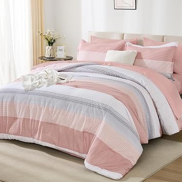 Andency Full Size Comforter Set 7 Pieces - Pink Striped Lightweight Bed in a Bag, Fully Bedding Breathable All Season Beddding Set with Comforter, Fitted & Flat Sheet, Pillowcases & Shams