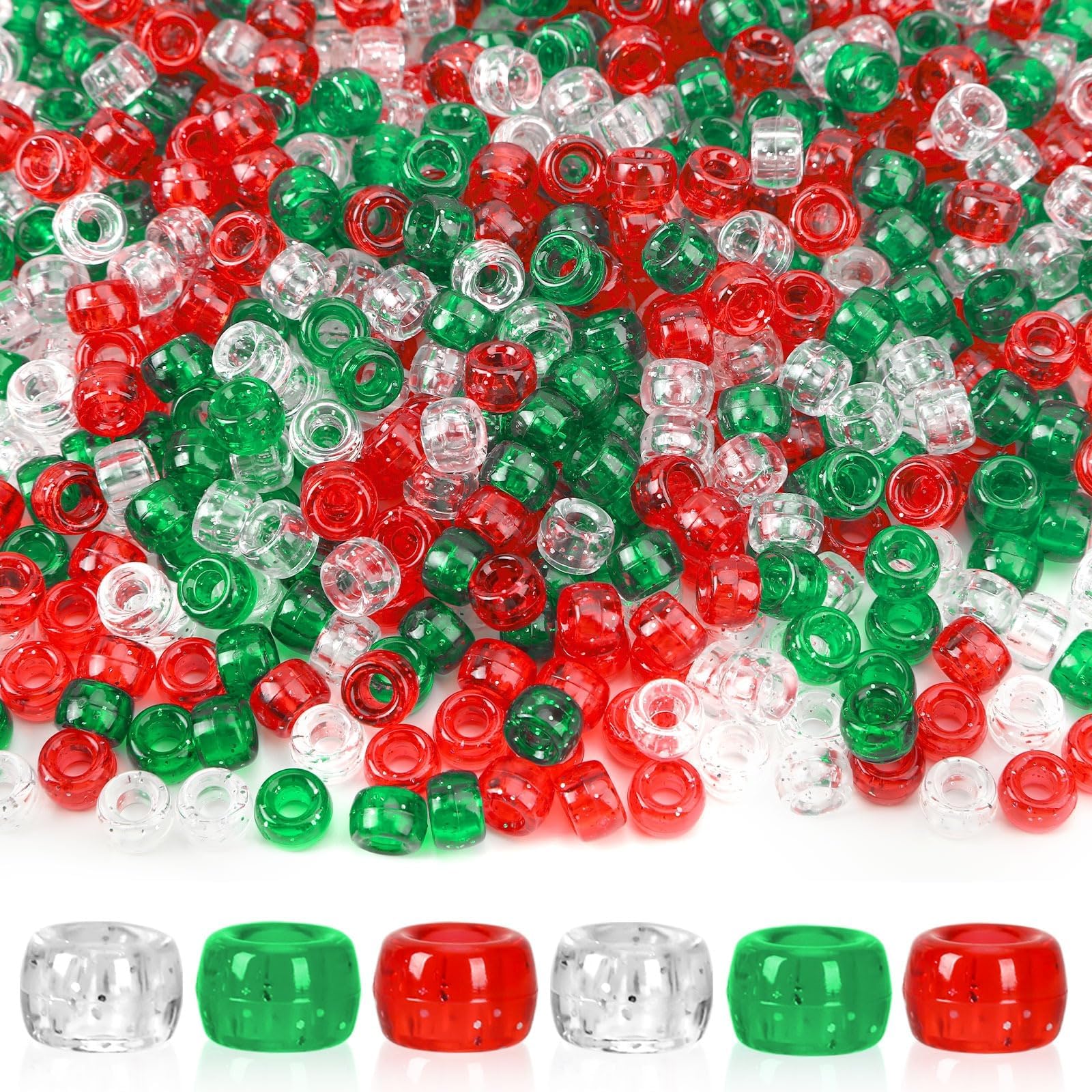 UPINS 1200Pcs Christmas Pony Beads, Glitter Red Green Transparent Pony Beads Bulk for Necklace Bracelets Earrings Jewelry Making Party Decoration Supplies DIY Craft — image 1