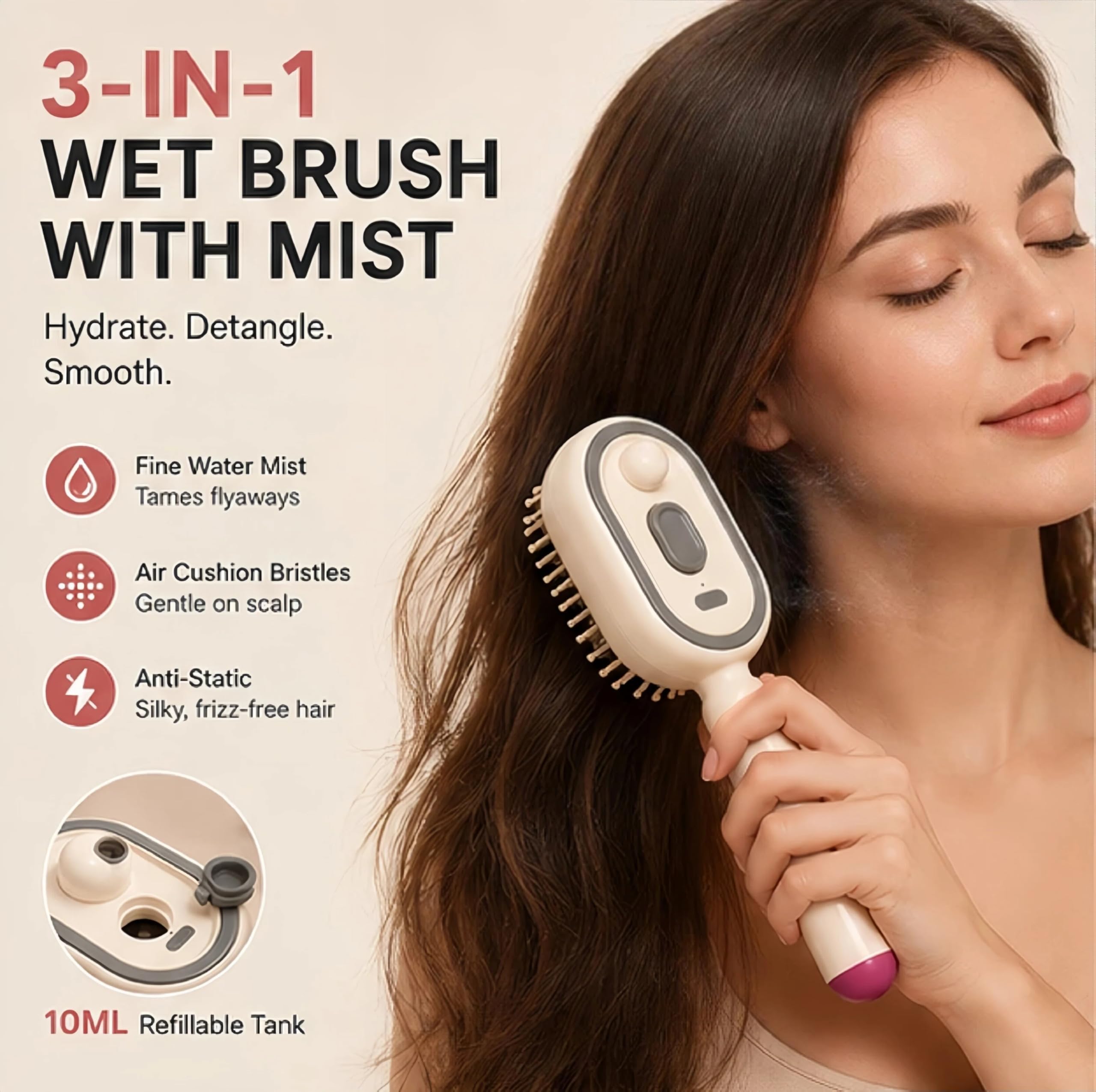 Peigne Electrique,Brosse à Vapeur éLectrique Fer à Lisser à Vapeur Rechargeable Avec Spray Peigne DéMêLant Antistatique Massage à Coussin D'Air Outil de Coiffure Portable Sans Fil，Rose