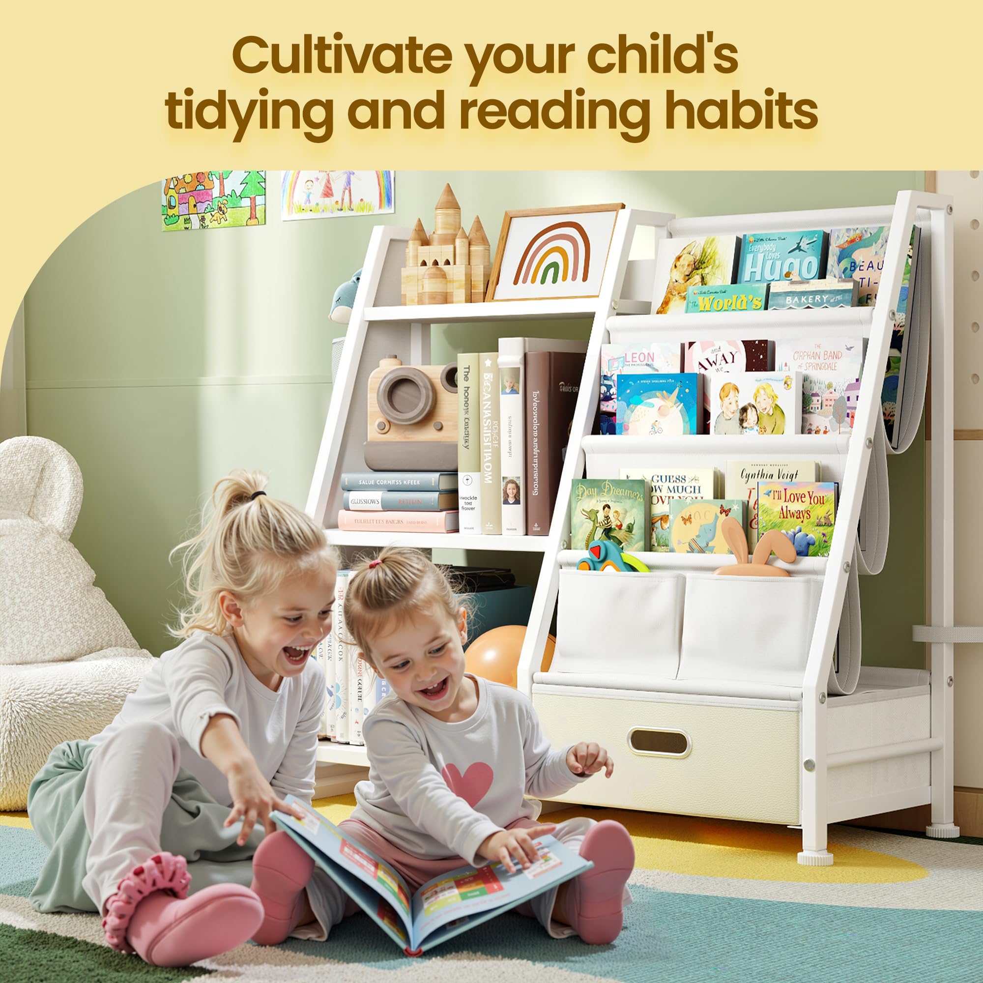 Kids Bookshelf and Toy Storage Organizer: White Book Shelf for Kids Room with Drawer to Storage Books and Toys Organizer - 3 Tire Toddler Bookshelf with 3 Side Pockets for Nursery, Bedroom, Playroom