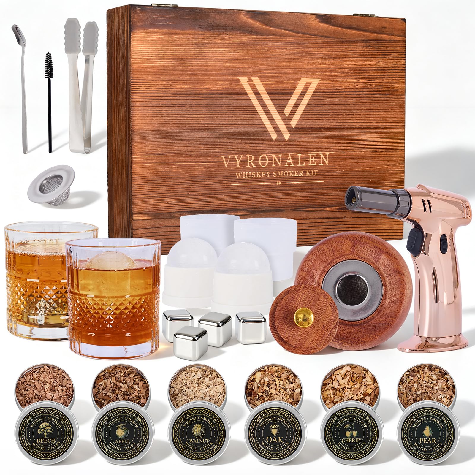 Whiskey Smoker Kit with Triple-Flame Torch, Cocktail Smoker Kit with 6 Wood Chips, 2 Heavy Whiskey Glasses, 4 Ice Cubes &amp; 2 Ice Ball Molds, Old Fashioned Bourbon Gifts for Men Dad Husband, No Butane