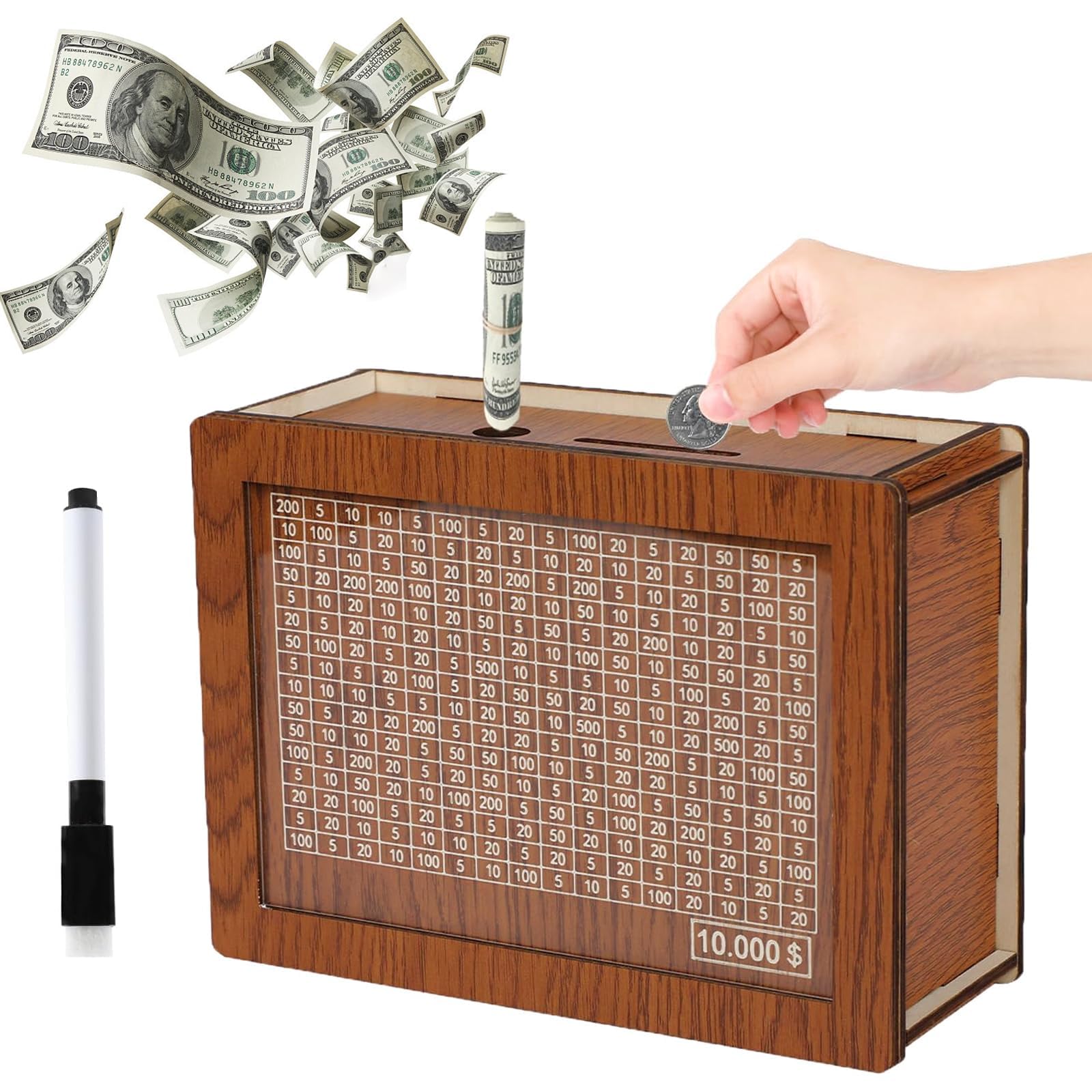 Cash Vault Wooden Savings Box, Money Saving Box with Money Target, Money Box for Cash, Wooden Piggy Bank for Adults, Cash Savings Box for Children and Adults Children's Day Birthday Gifts ($10000)