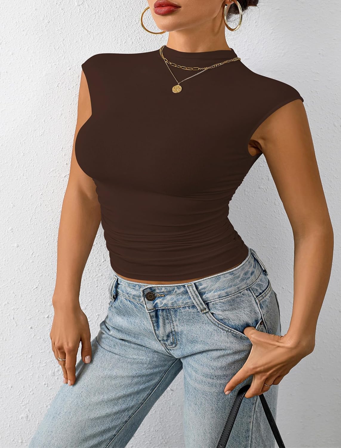 Nasperee Women Sleeveless/Cap Sleeve Mock Turtleneck Tank Tops Slim Fit Side Ruched Stretch Crop Y2K Tee Shirts - Image 4