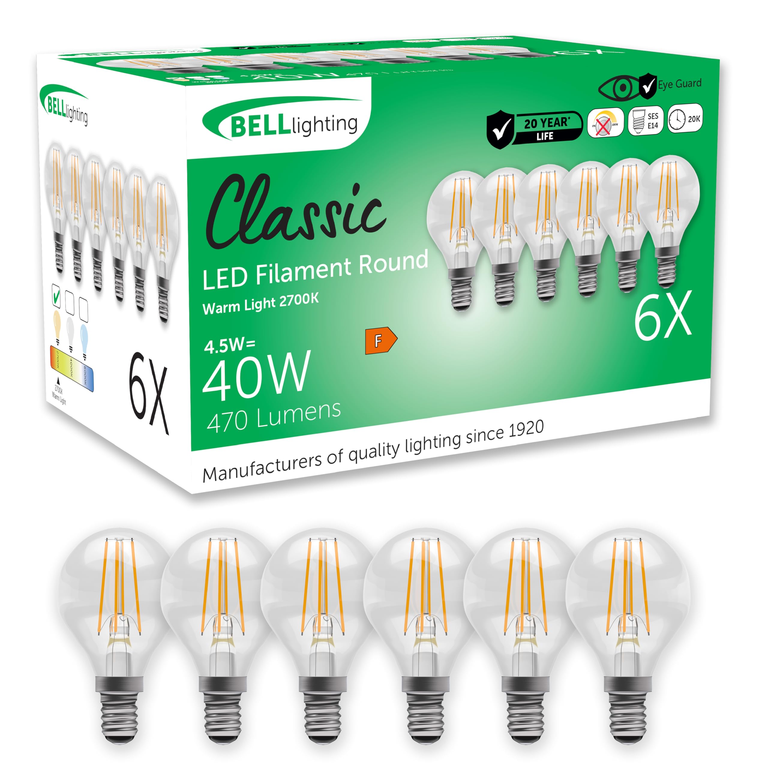 BELL Lighting E14 Small Edison Screw Cap Non Dimmable Filament Light Bulb LED Golf Ball 6 Pack | Warm White 2700K | 470 Lumen 4.5 W | Energy Saving Round LED Light Bulb | 40W Lamp Equivalent