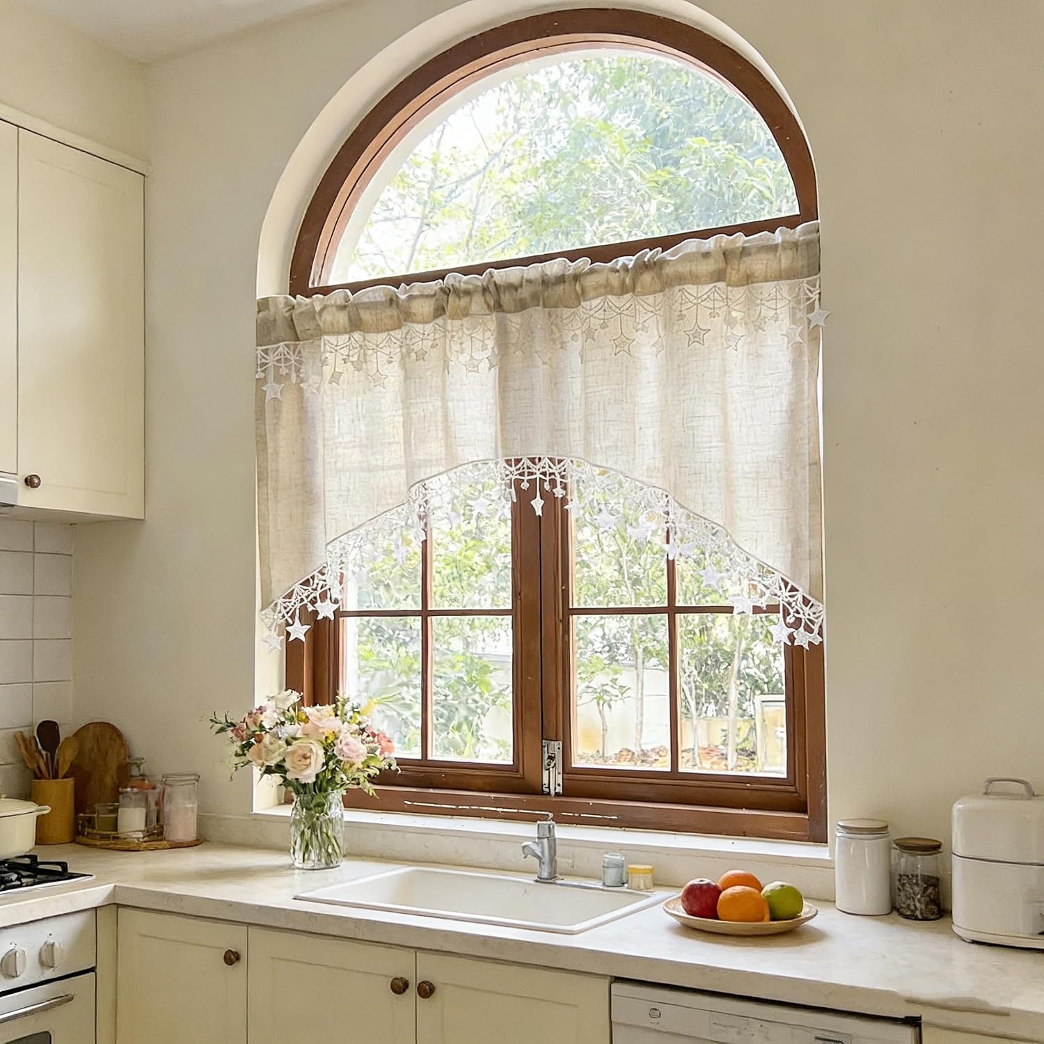 1 Panel Boho Style Beige Arched Linen Cafe Curtain Valance with Stars Trim | Elegant Linen Swag Doorway Curtain Tier for Kitchen Bathroom Bedroom Hallway Rod Pocket Top W79 x L29.5 inch
