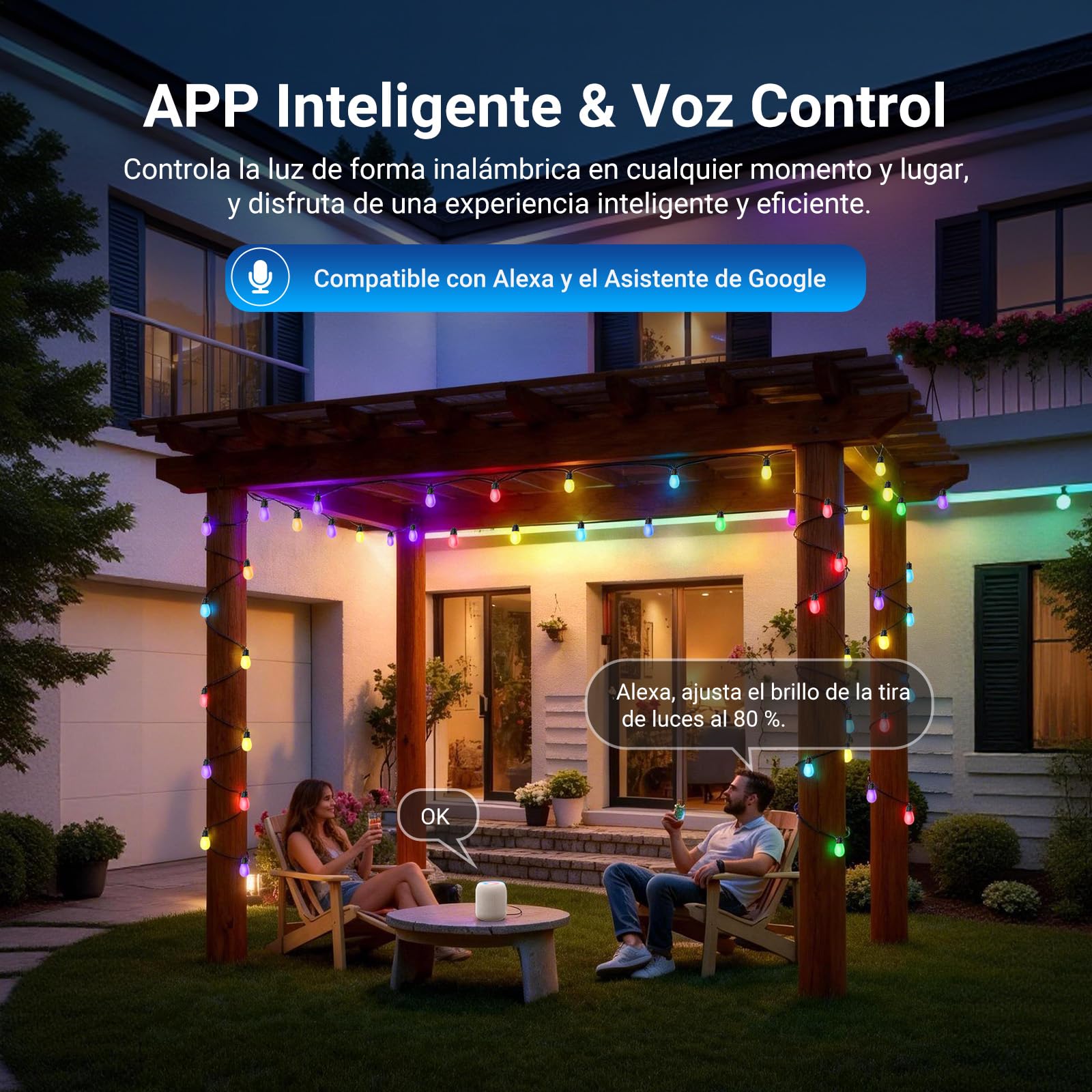 NEEWER Guirnalda Exterior 96ft RGB IC Blanco Inteligente Control App,30 Bombillas IP65 Impermeable 50+ Escenas Decoración Patio Balcón Jardín Compatible Alexa Google, NR01