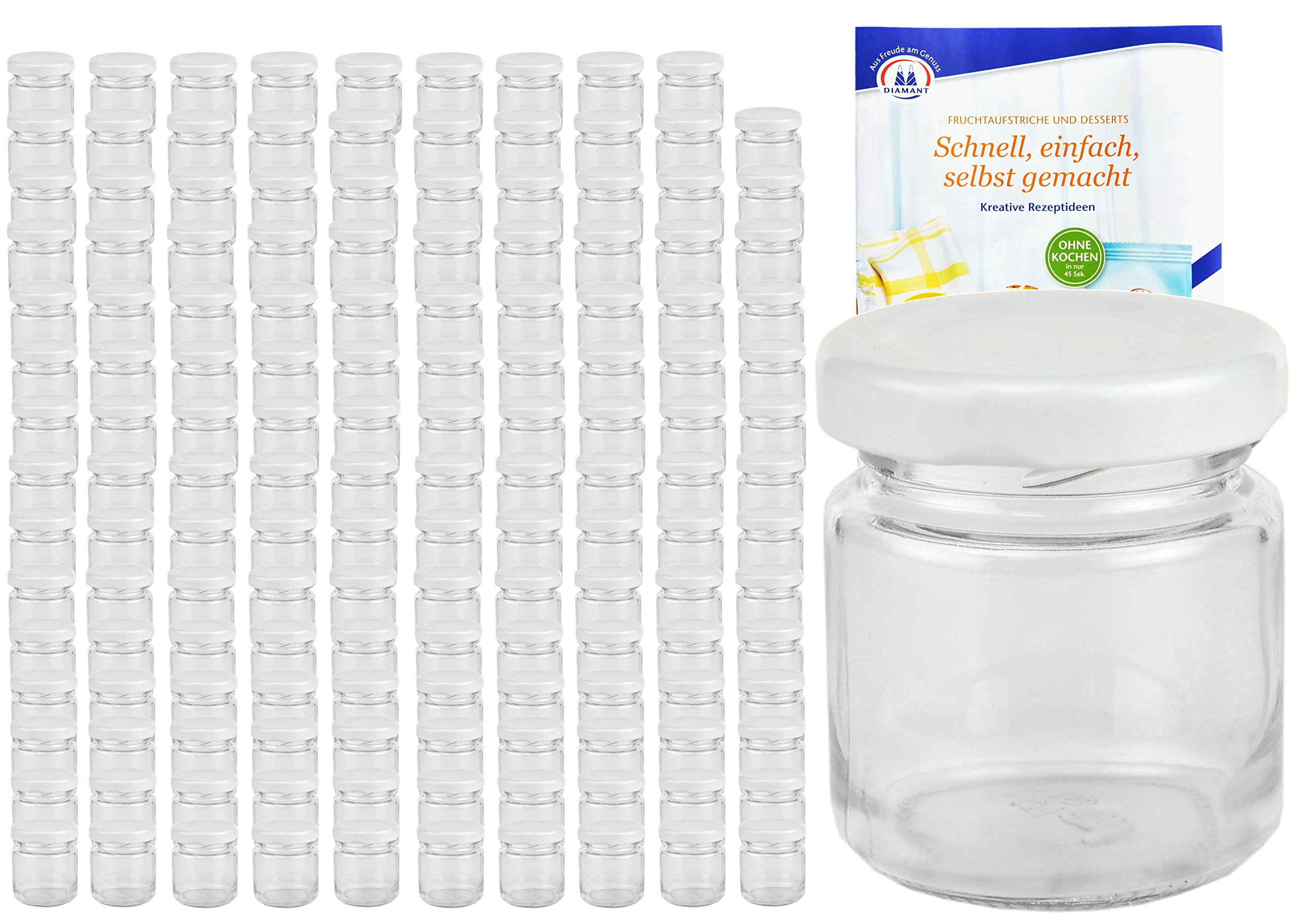 MamboCat 150er Set Rundgläser 53 ml Deckelfarbe weiß TO 43 inkl. Diamant Gelierzauber Rezeptheft, Einmachgläser, Einkochgläser, Vorratsgläser, Mini Sturzgläser, Obstgläser, Portionsgläser, Gläser