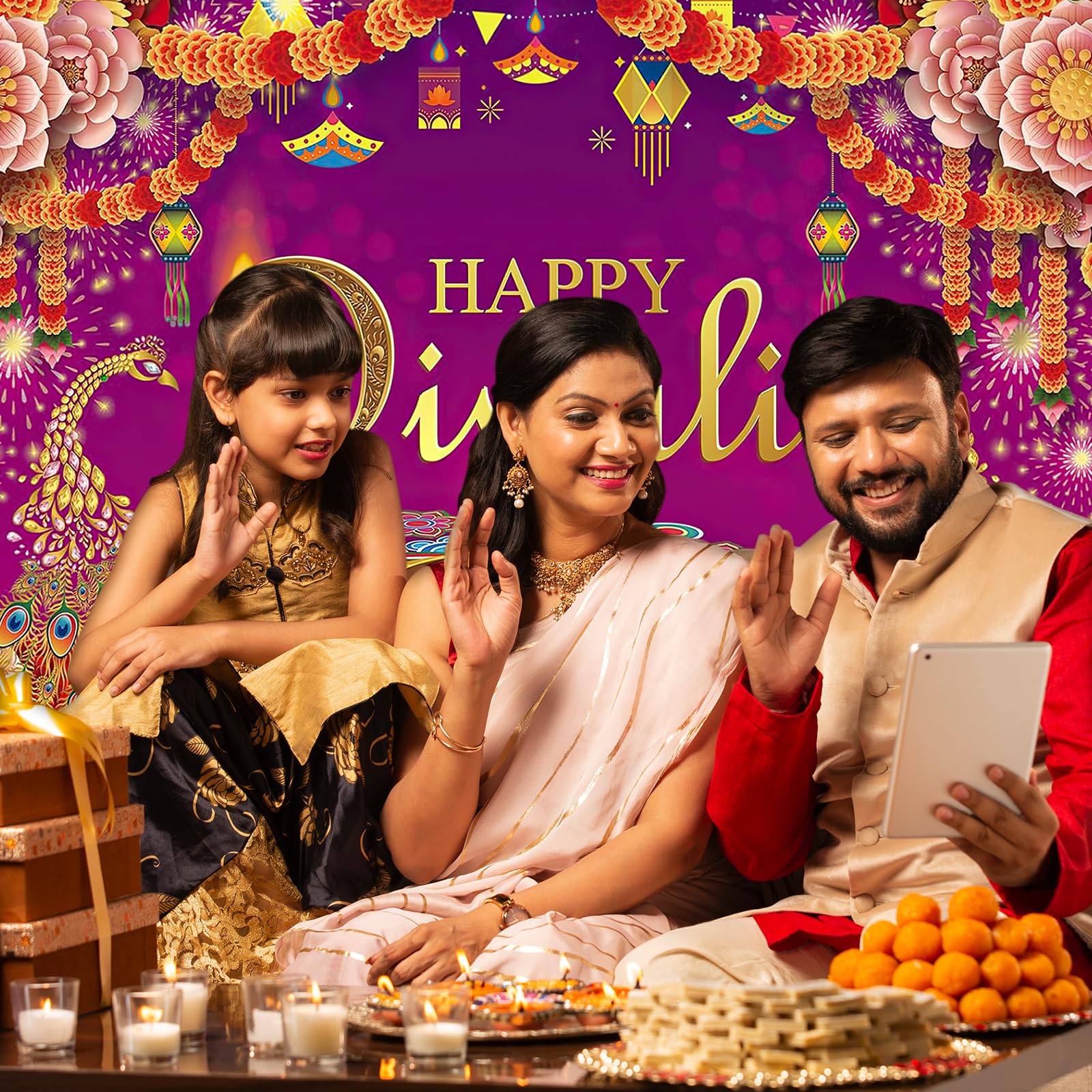 Happy Diwali Backdrop Banner Decorations, Indian Festival of Lights Party Supplies - Image 4
