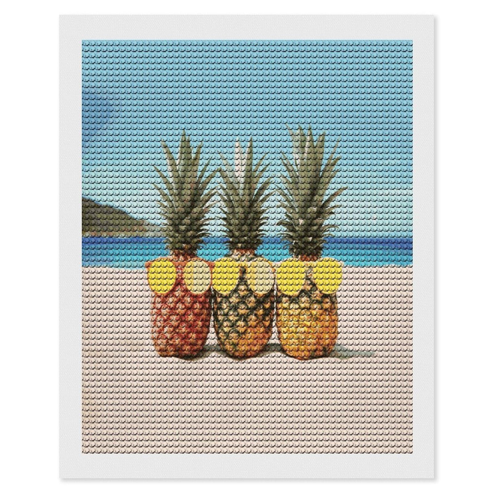MUSM Seaside Beach Yellow Geometric Pineapple Diamond Painting Kits for Adults DIY Round Paint with Diamonds Pictures Personalized Diamond Photo Art Full Drill for Beginners Wall Decor Gifts