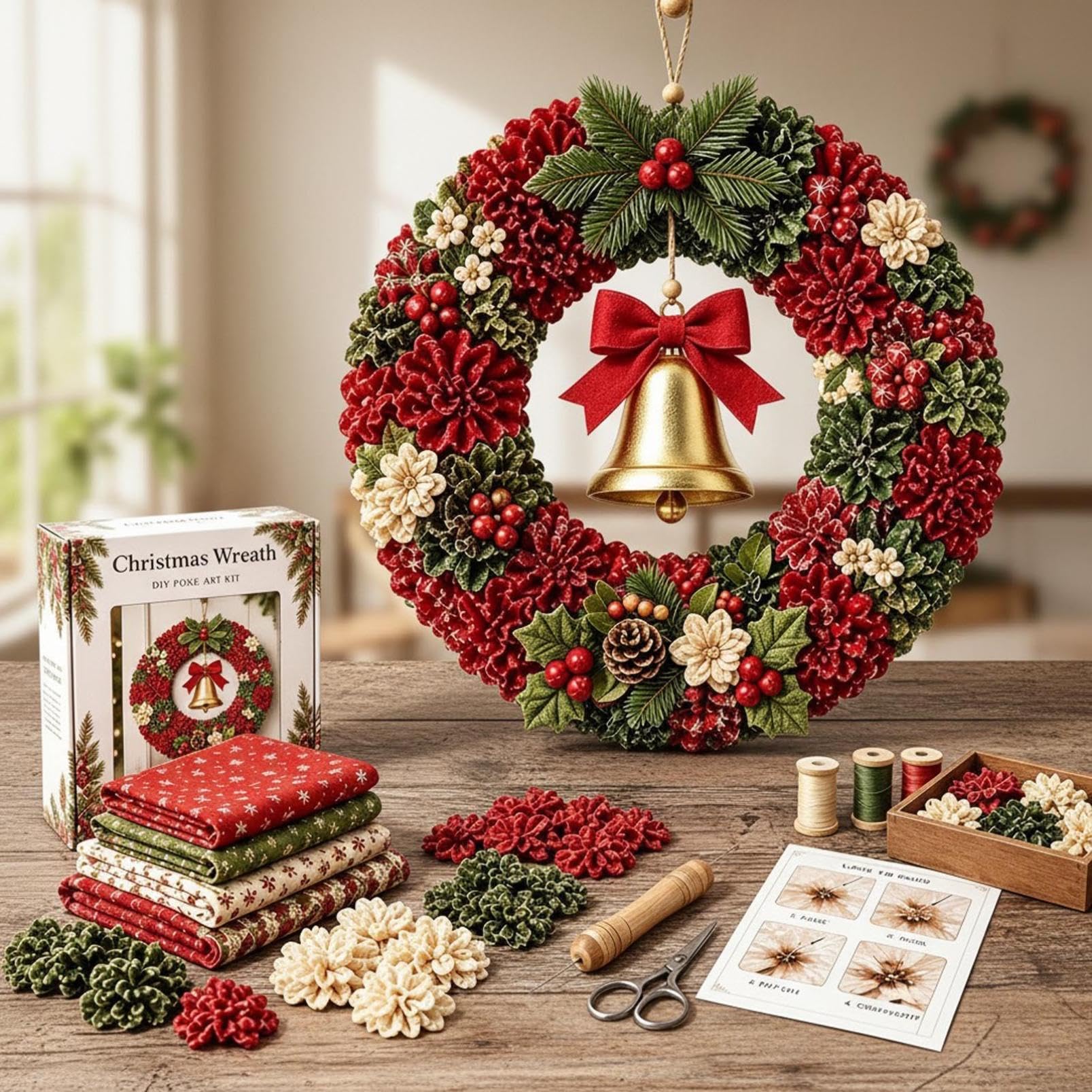 3D Fabric Poke Wreath Diy Kit, Fabric Pokes Art For Adults, Christmas Wreath, Christmas Wreath Diy Kit For Adults, 3D Fabrics Poke Art Craft Kit, Holiday Wreath Making Kit & Door Decor (bell)