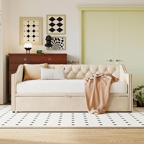 Miniatura 4 de Sofá cama tapizado de tamaño individual con nido desplegable, sofá cama extensible de terciopelo con respaldo copetudo, marco de sofá cama