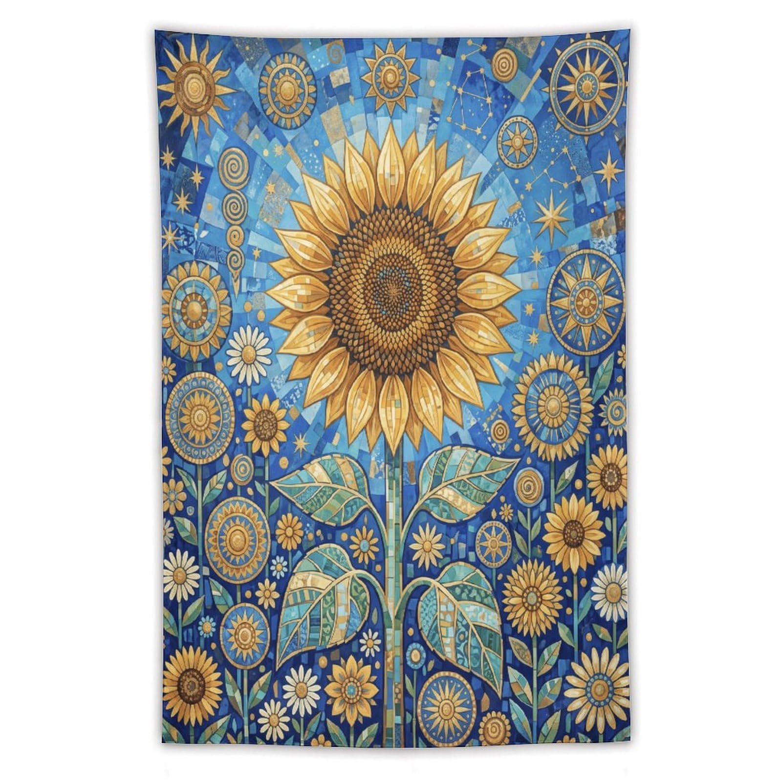 W7C8U2X3 Celestial Mosaic Sunflower Wall Tapestry, Garden Flower Symbol