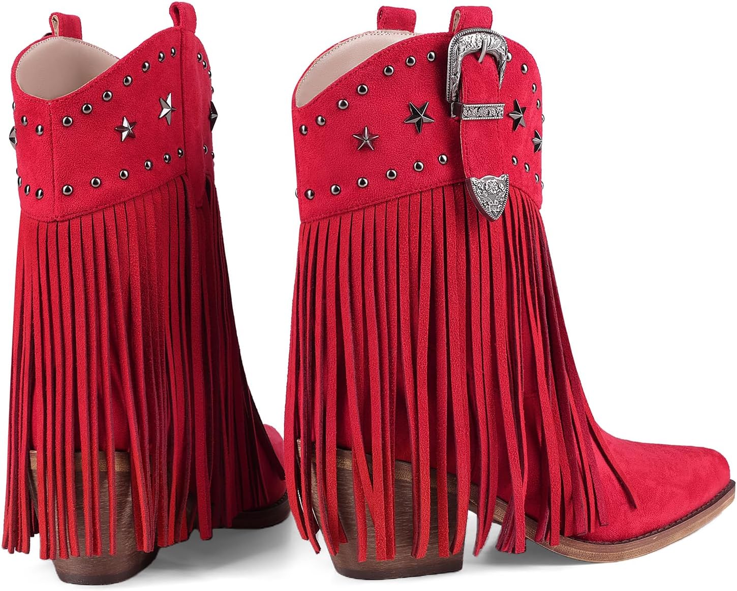 Women Cowgirl Cowboy Boots, Western Ankle Fringe Boots Pointed Toe with Star Studs & Buckle, Retro Suede Short Pull Off Boots with Chunky Heel for Music Festivals & Concerts