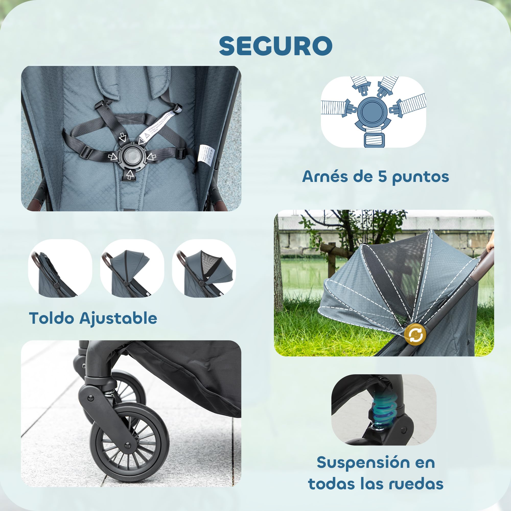 AIYAPLAY Silla de Paseo Ligera con Respaldo Reclinable y Reposapiés Ajustable, Carrito para Bebé Plegable, Capota, Arnés de 5 Puntos, Ruedas con Suspensión, Soporta hasta 15 kg, Azul Oscuro