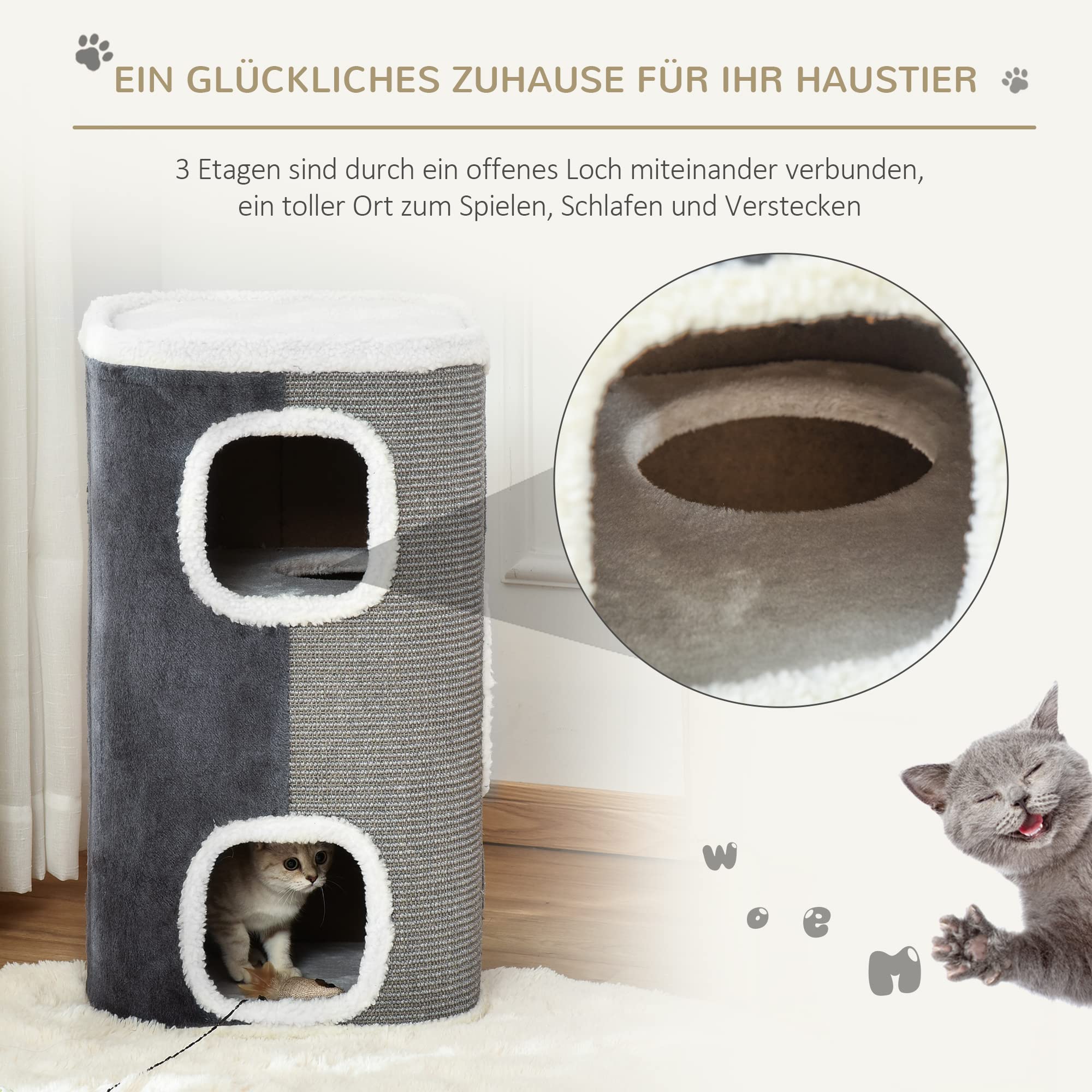 PawHut Kratztonne 74 cm Hoch dreistöckige Katzentonne mit Kissen, Plüschrand, Katzenhöhle, Kratzbaum für kleine Katzen, Grau+Weiß