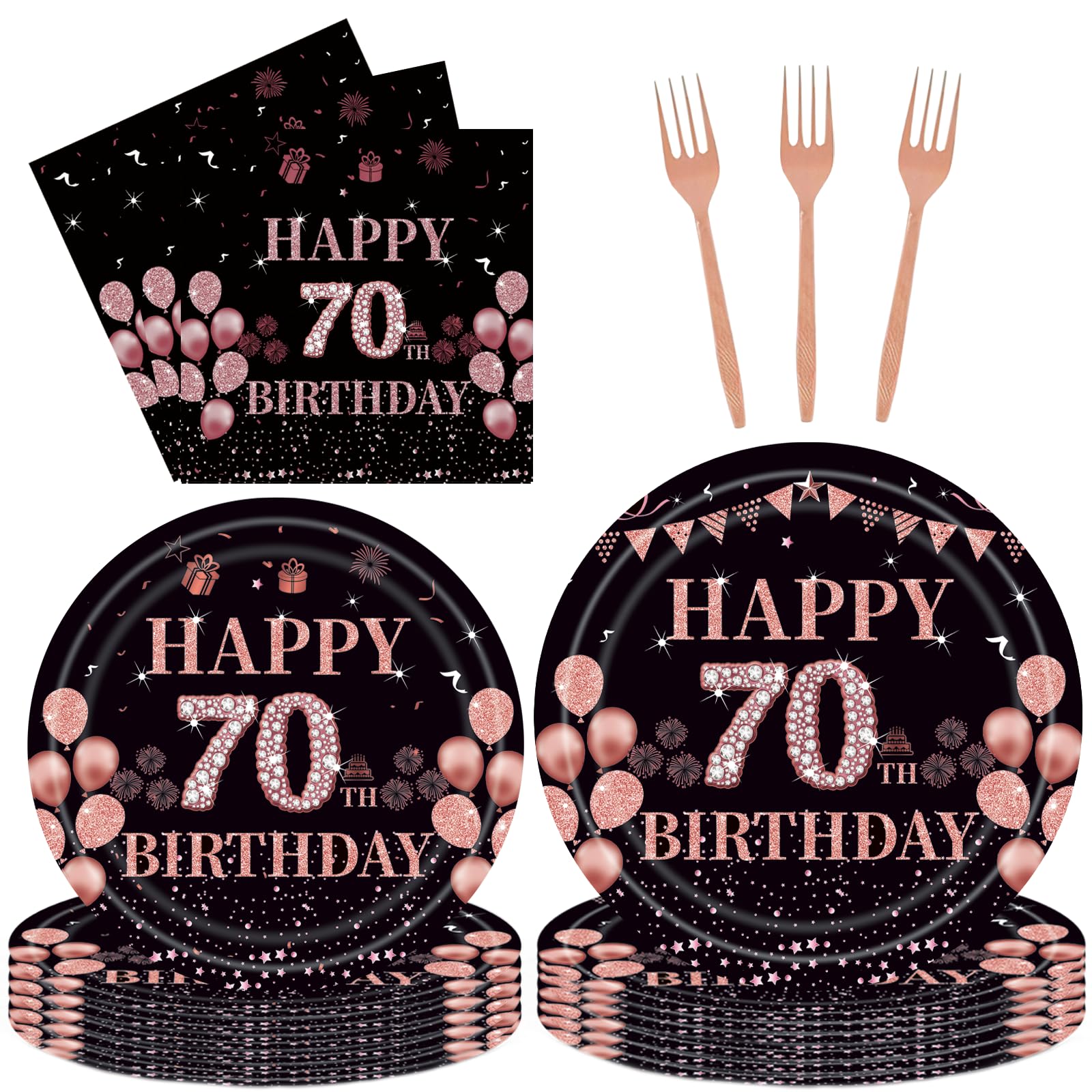 96Pcs 70th Rose Gold Birthday Party Supplies Include Birthday Plates and Napkins Forks 70 Years Old Birthday Decorations for Women 70th Birthday