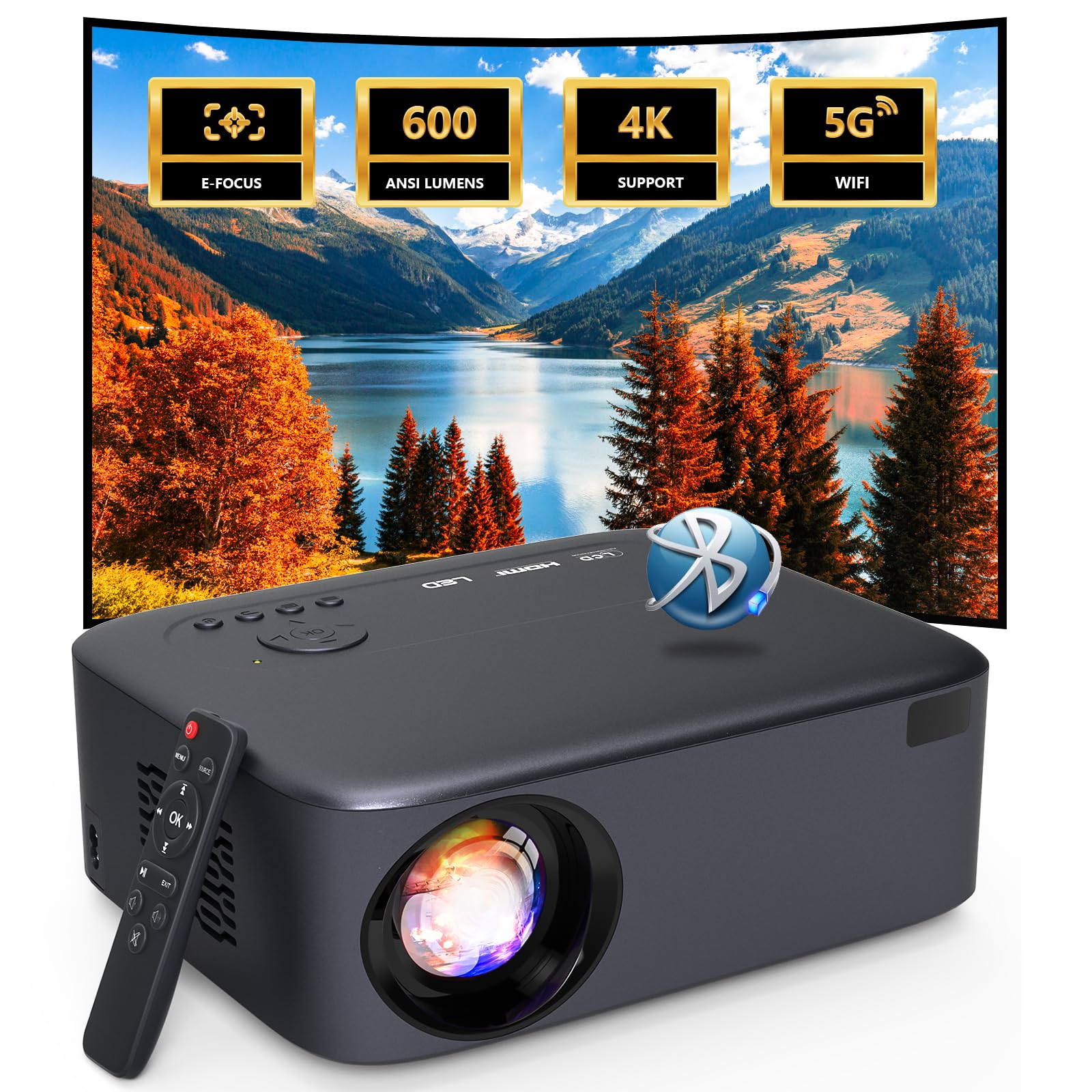 Proiettore 4K Supporta, AKATUO 15000L Videoproiettore 1080P Nativo 5G WiFi Bluetooth con 50% Zoom, Mini Proiettore Portatile per Phone/iOS/Android/TV Stick/HDMI/USB (Bluetooth 4K supportato 5G WiFi)