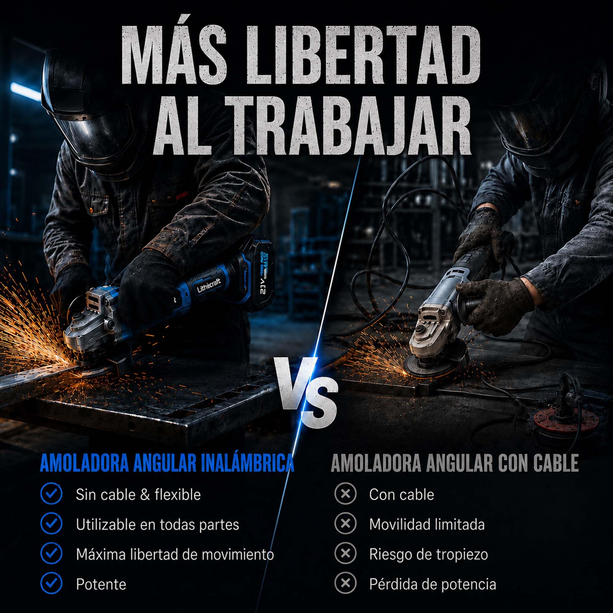 Amoladora angular inalámbrica 125 mm, amoladora brushless 10000 rpm con 2 baterías de 4,0 Ah y cargador, para metal, piedra y azulejos, con maletín