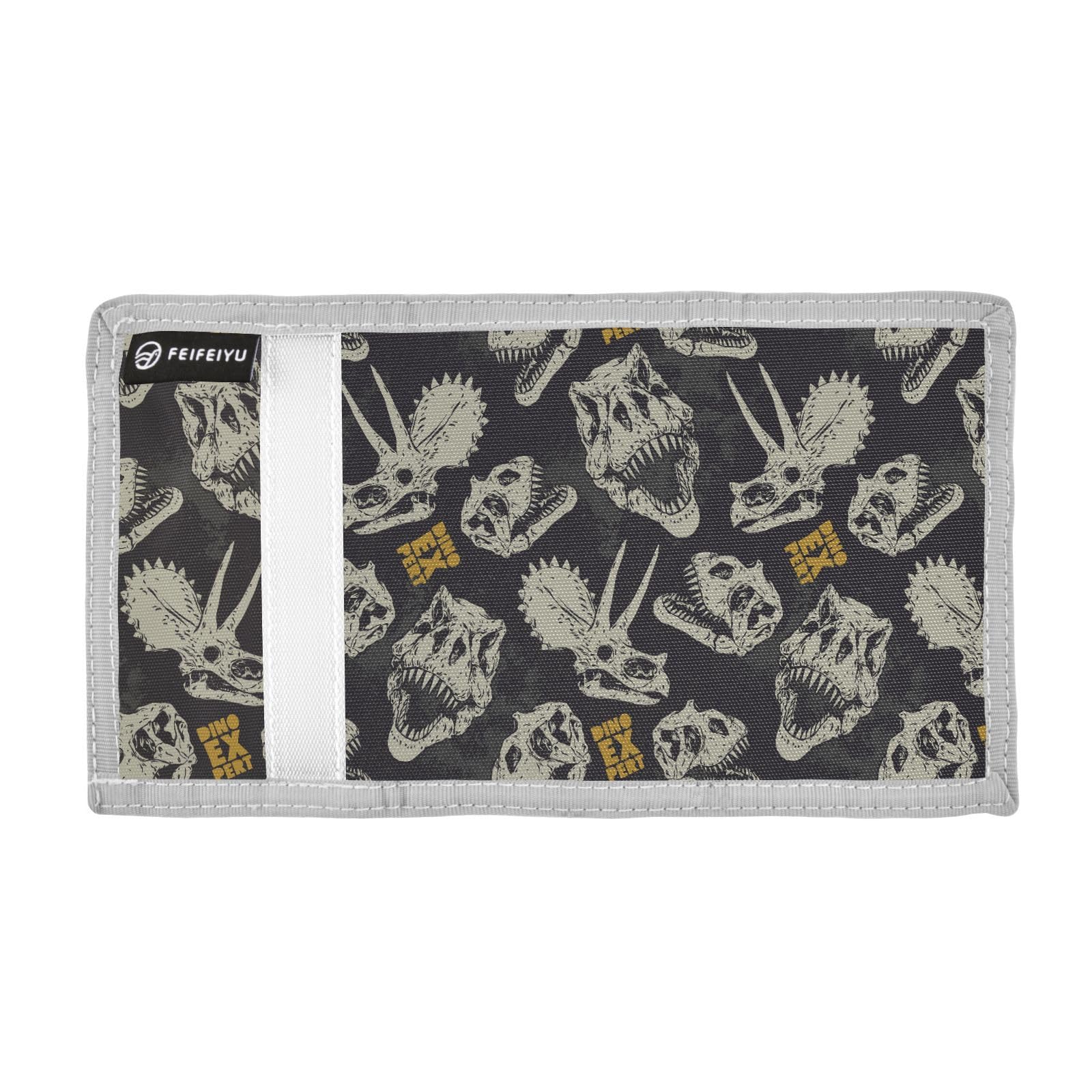 JHKKU Dinosaur Skull Kids Wallet for Boys Girls, Teen Canvas Trifold Purse with Zipper Coin Pocket