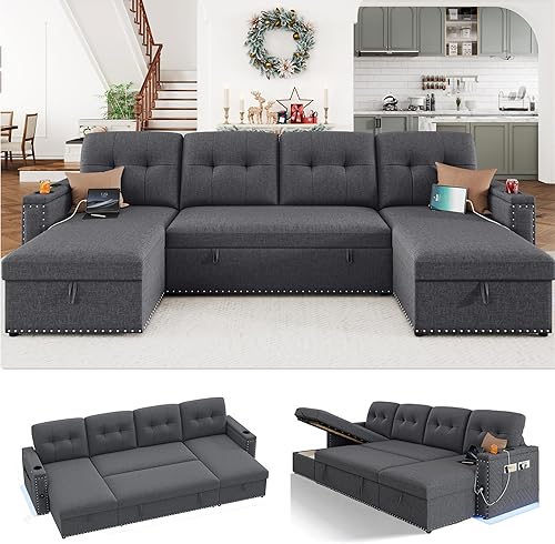 HIFIT Sofás seccionales de 106 pulgadas para sala de estar, sofá cama extraíble con diván de almacenamiento, reposabrazos de almacenamiento, luz
