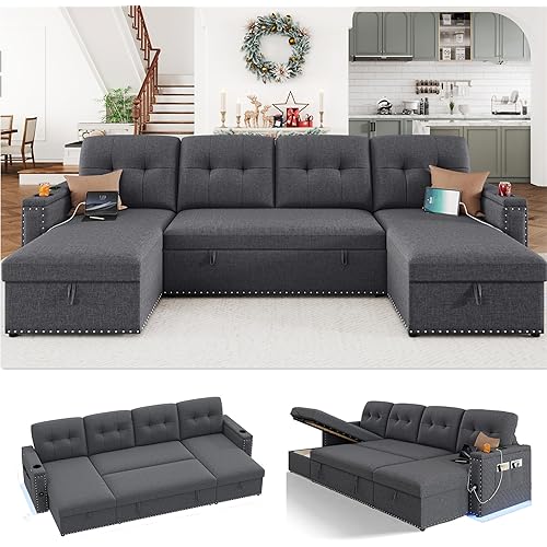 HIFIT 106" Sectional Couches for Living Room- Pull Out Sleeper Sofa Couch w/Storage Chaise,Storage Armrest,LED Light&USB Port&Cupholder, Modern Linen U Shaped Home Sofa Living Room Furniture Set, Grey