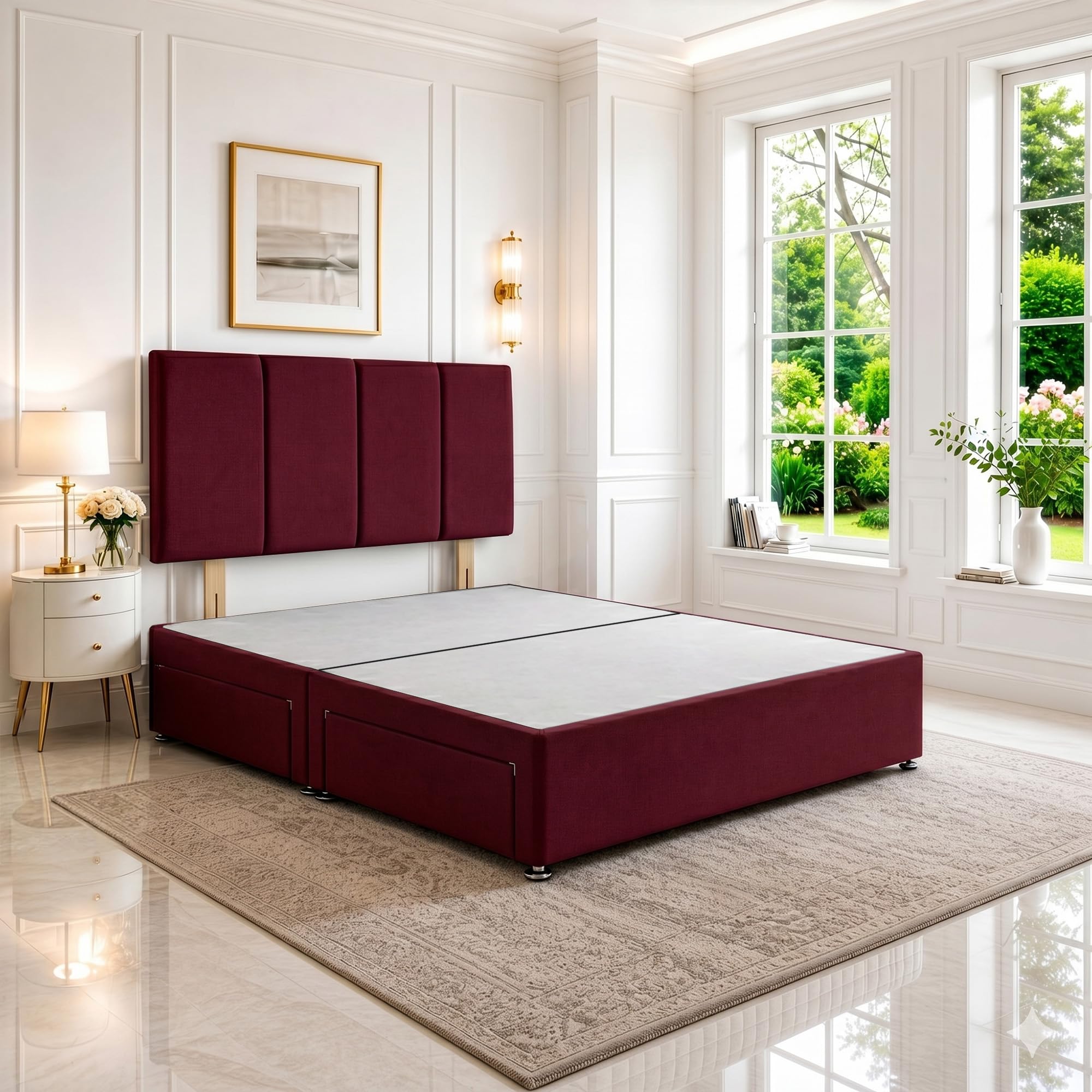 SANA SLEEP Small Double Divan Bed with Headboard & 2 Storage Drawers โ Plush Mulberry Fabric, 4FT UK Made, Bedroom, Guest & Kidsโ Room