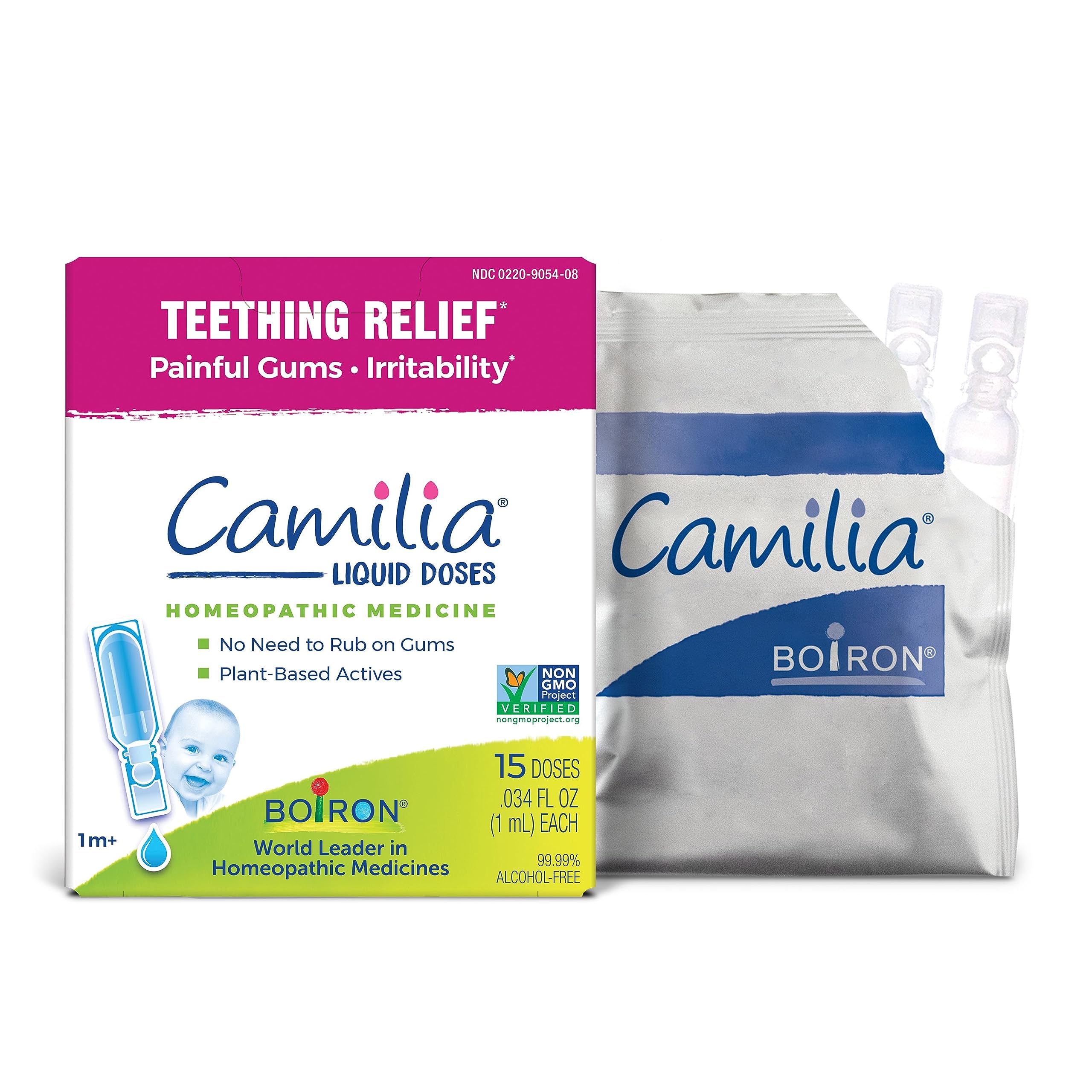 boiron camilia teething drops for daytime and nighttime relief of painful or swollen gums and irritability in babies - 15 count