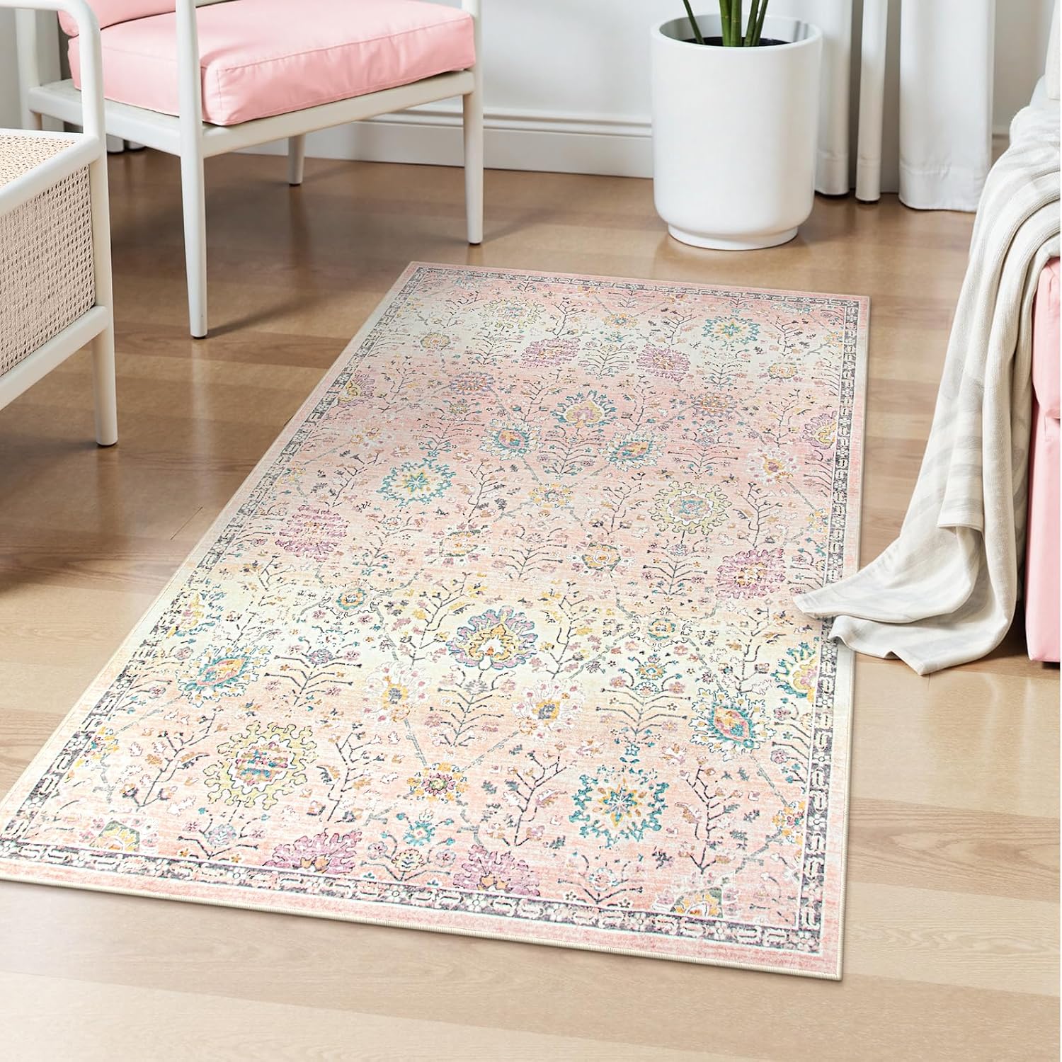 Lahome Flavie Pink Boho Area Rug for Nursery, 5x7 Washable Pink Rugs for Bedroom Girls Kids Room Living Room, Floral Pastel Carpet Non Slip for Teen Toddler Classroom Playroom Dorm, Bedroom Decor