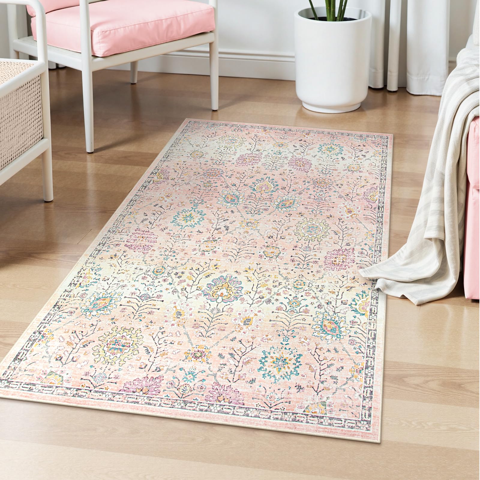Lahome Light Pink Boho Rug, 3x5 Machine Washable Area Rugs for Dorm Girls, Soft Floral Small Nursery Pastel Mat, Pink Carpet for Bedroom Kids Room 3' x 5' (Rectangular) Light Pink