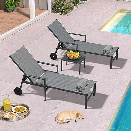 Miniatura 11 de PURPLE LEAF Sillón reclinable de aluminio para exteriores, 2 piezas, con ruedas y reposabrazos, para piscina, patio, playa, color beige