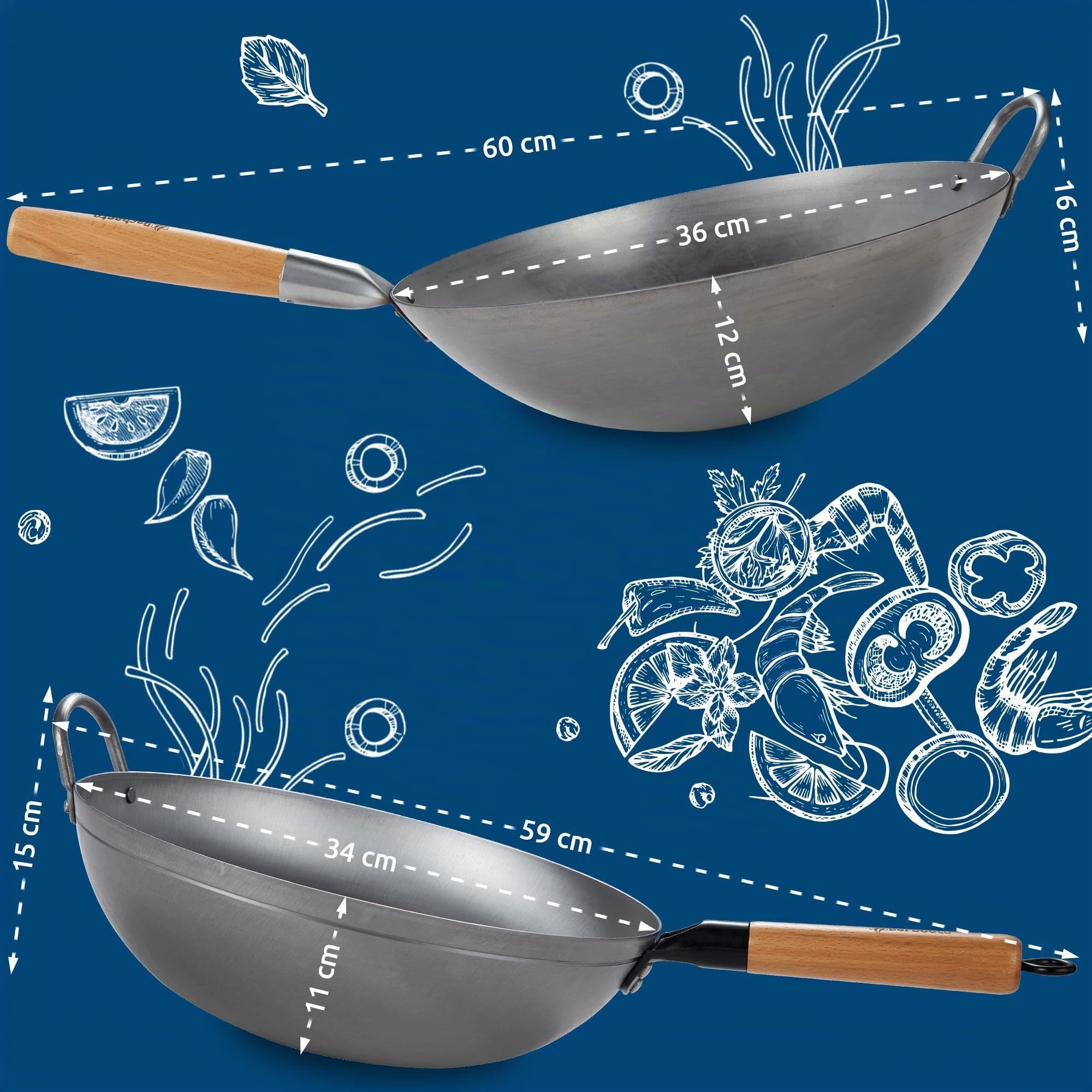 CLP Set wok en acier carbone I Fond plat ou rond pour gaz, induction et gril I Poêle wok avec poignée en bois, livre de recettes & spatule wok, Forme:plate