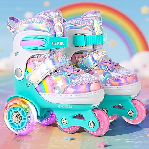 Miniatura 76 de SULIFEEL - Patines infantiles con luz ajustable y diseño de unicornio y arcoíris, tamaño 4 para niños y niñas b púrpura