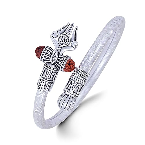 MEENAZ Brass Metal Rudraksha Shiv OM Trishul Damroo Silver Adjustable Free Size Rakhi Kada Bracelets Brothers Boys Bhaiya for Unisex Adult Bracelet-M225 (White)
